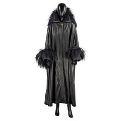 GIANNI VERSACE black leather coat with ostrich feathers