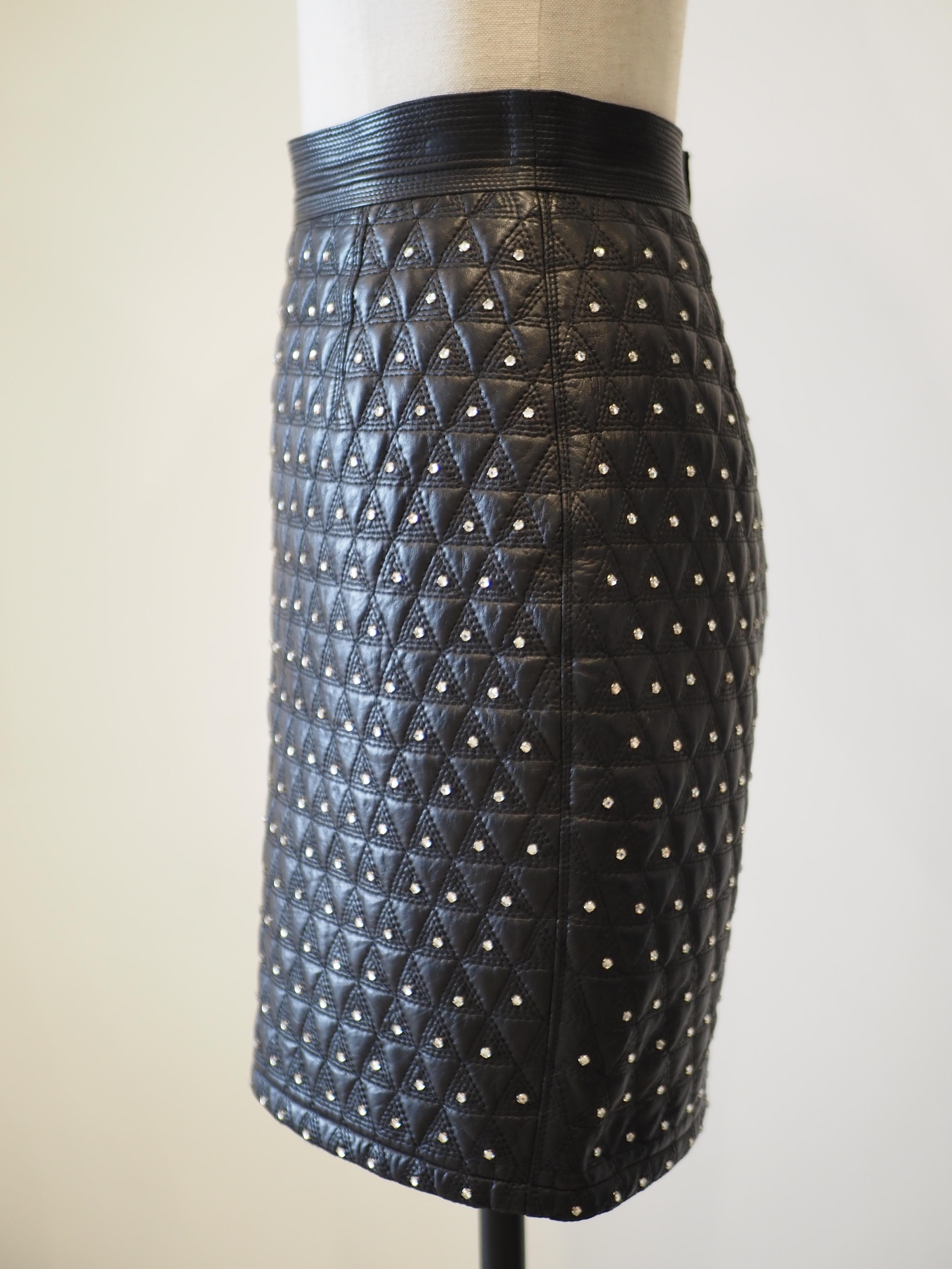 Black Gianni Versace black leather crystal stones skirt For Sale