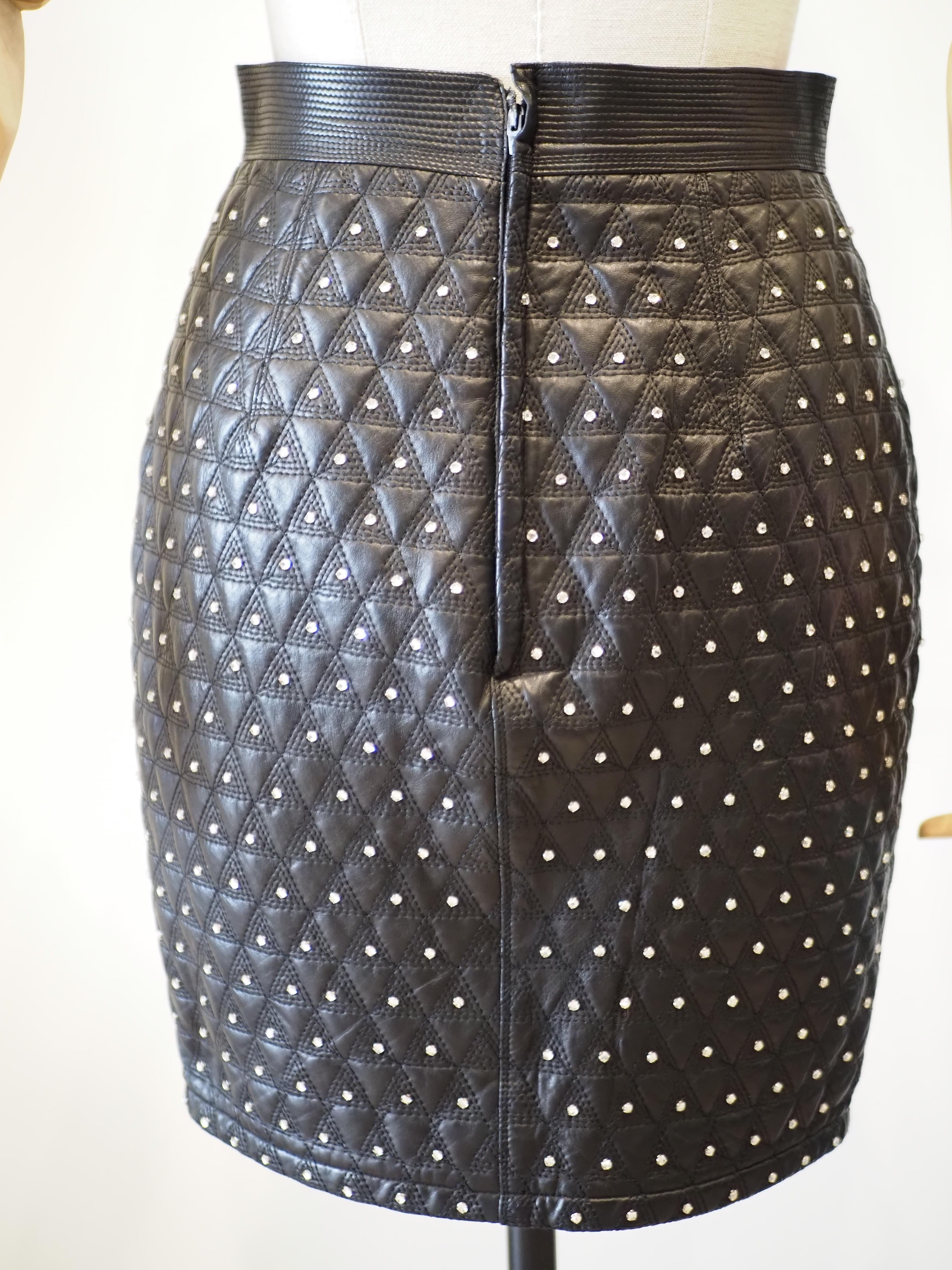 Women's Gianni Versace black leather crystal stones skirt For Sale