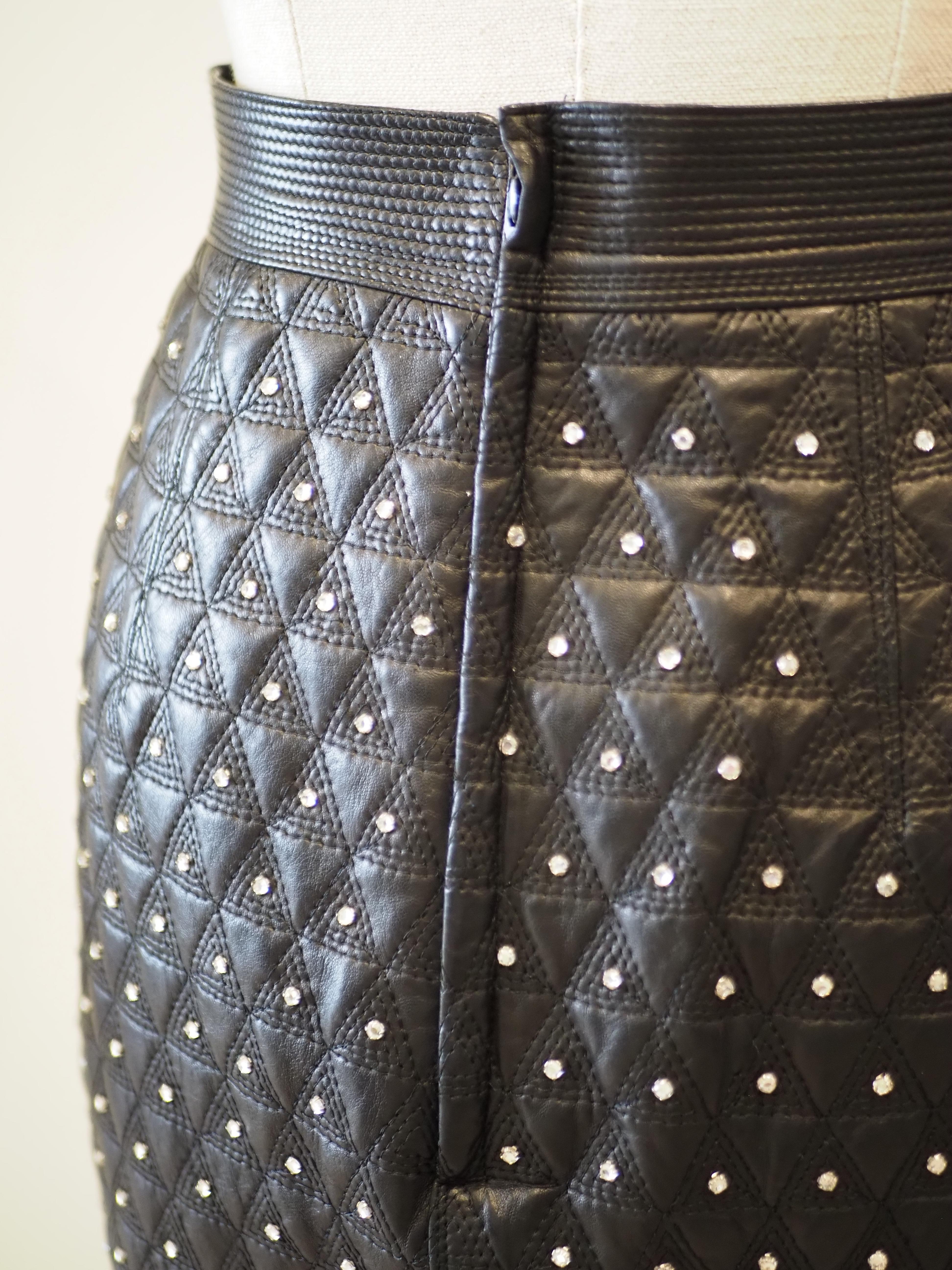 Gianni Versace black leather crystal stones skirt For Sale 1