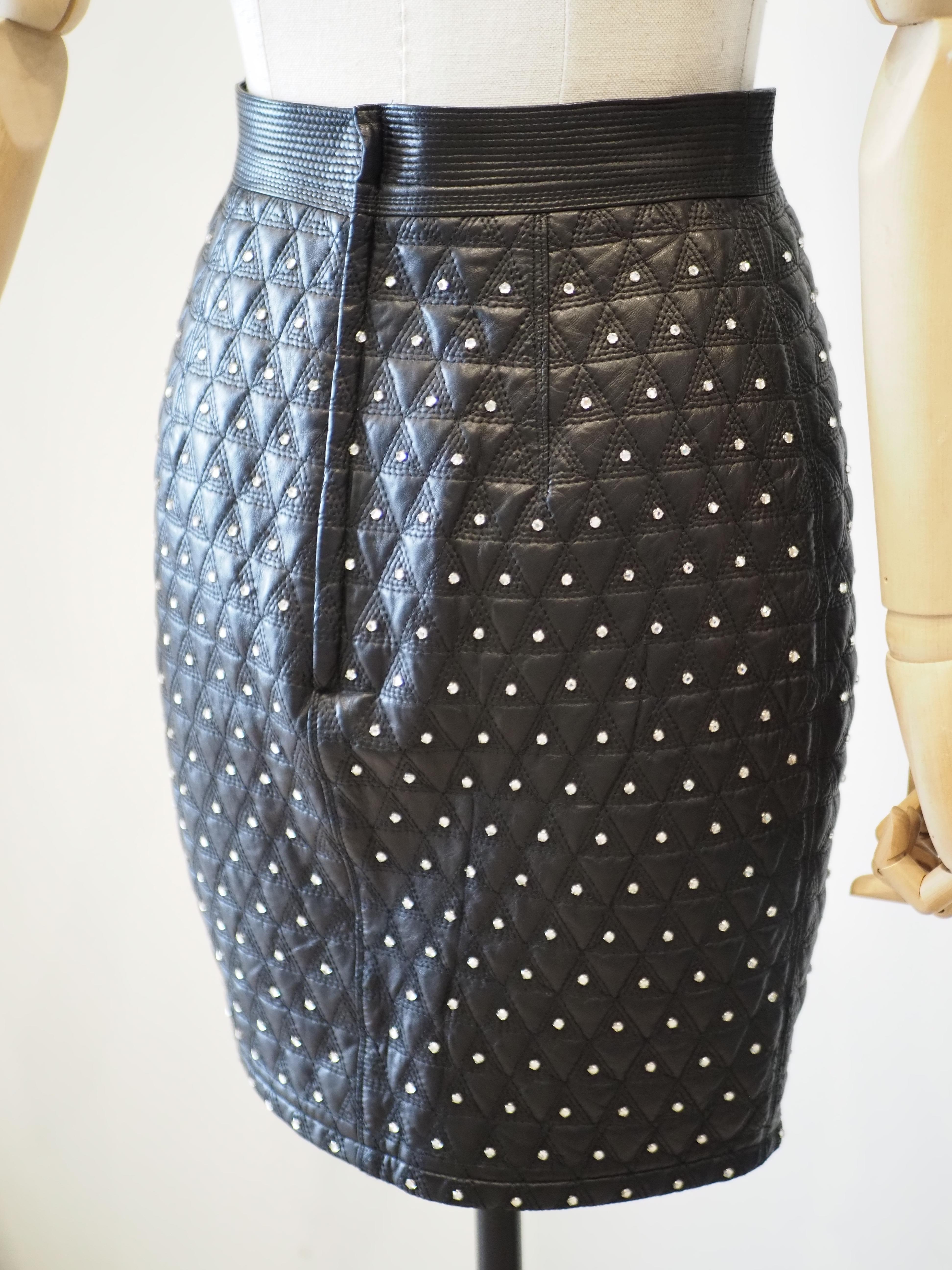 Gianni Versace black leather crystal stones skirt For Sale 4