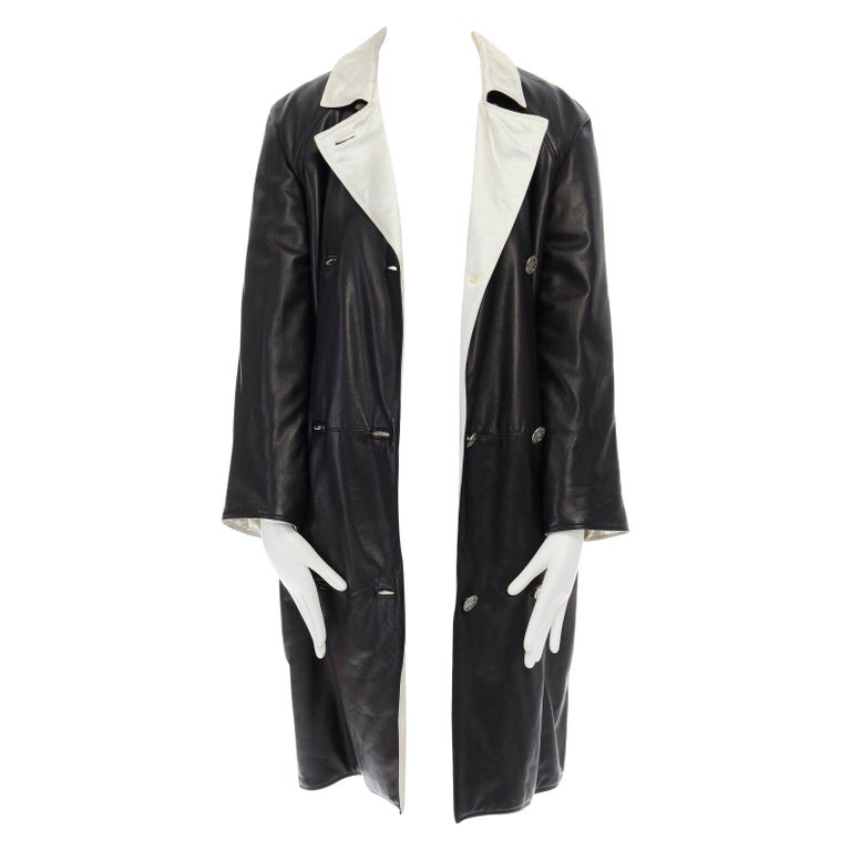 GIANNI VERSACE black leather double breasted Medusa button belted coat IT38 XS For Sale