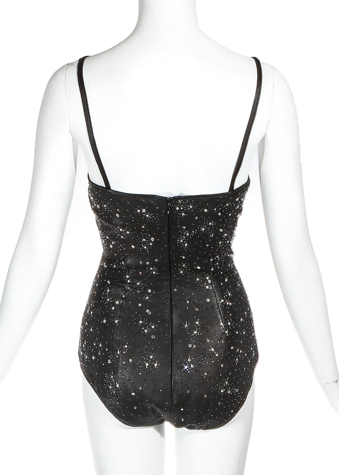 Gianni Versace black leather embellished bodysuit, S/S 1998 In Excellent Condition For Sale In London, GB
