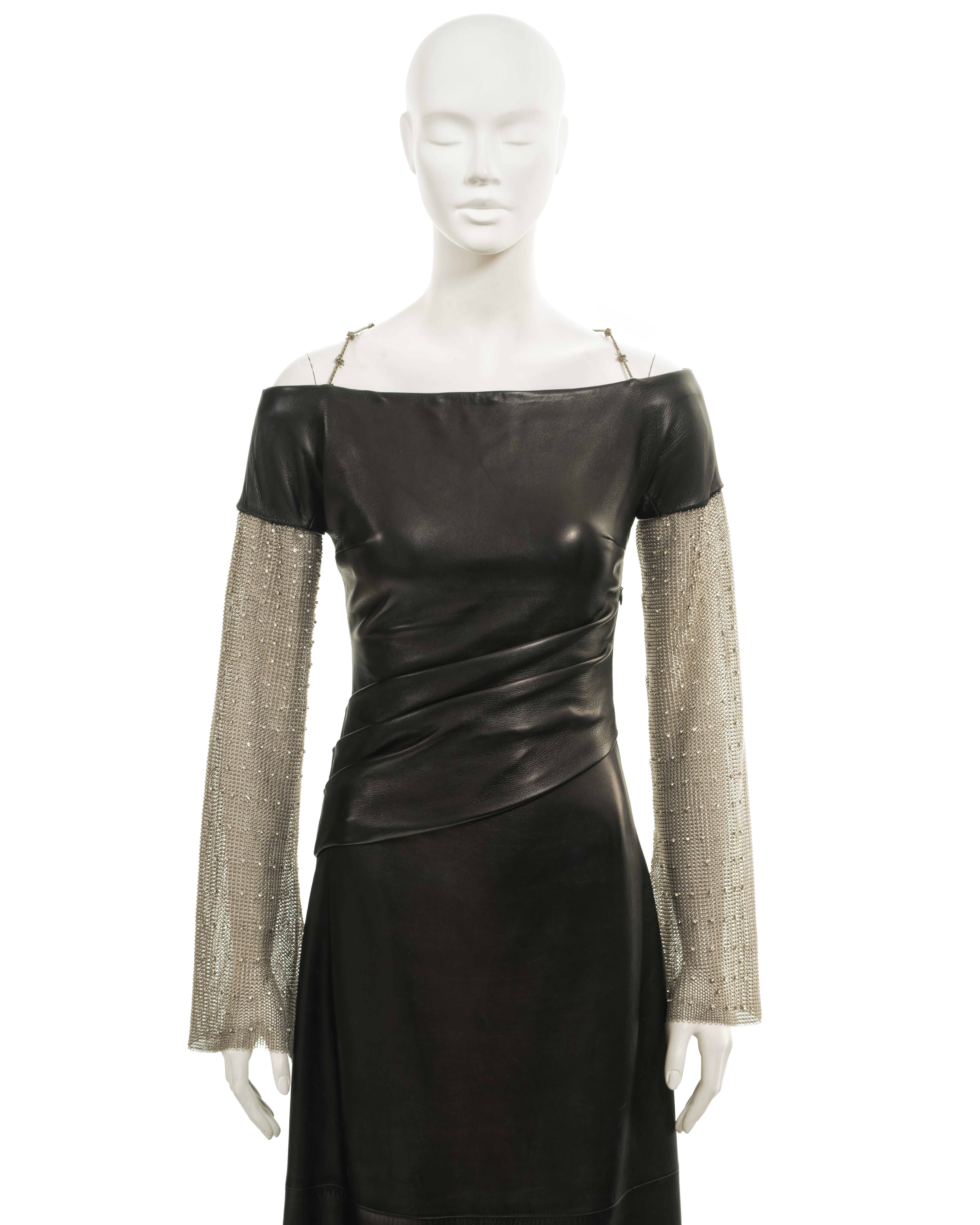 Women's Gianni Versace black leather evening dress with chainmail sleeves, fw 1998