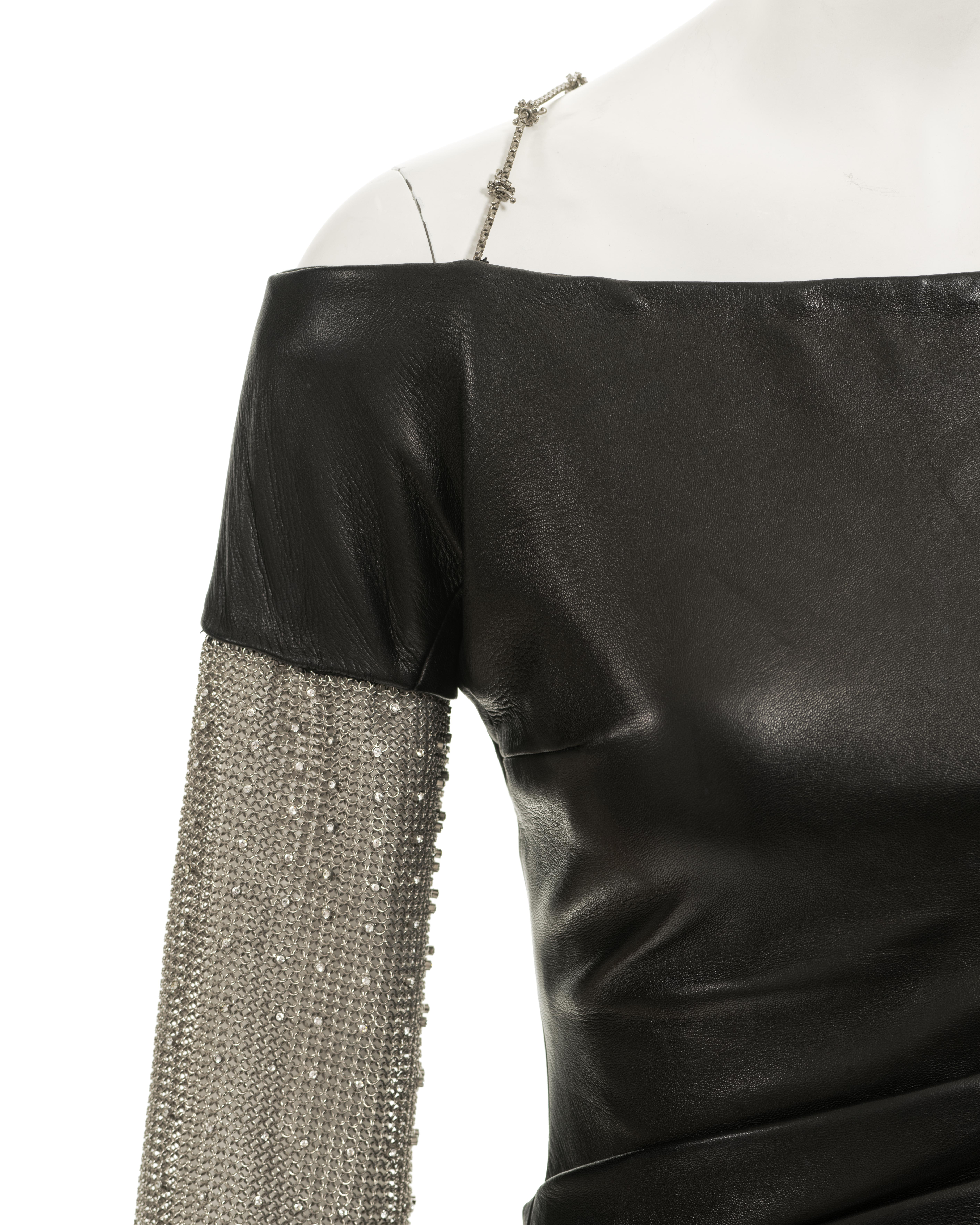 Gianni Versace black leather evening dress with chainmail sleeves, fw 1998 1