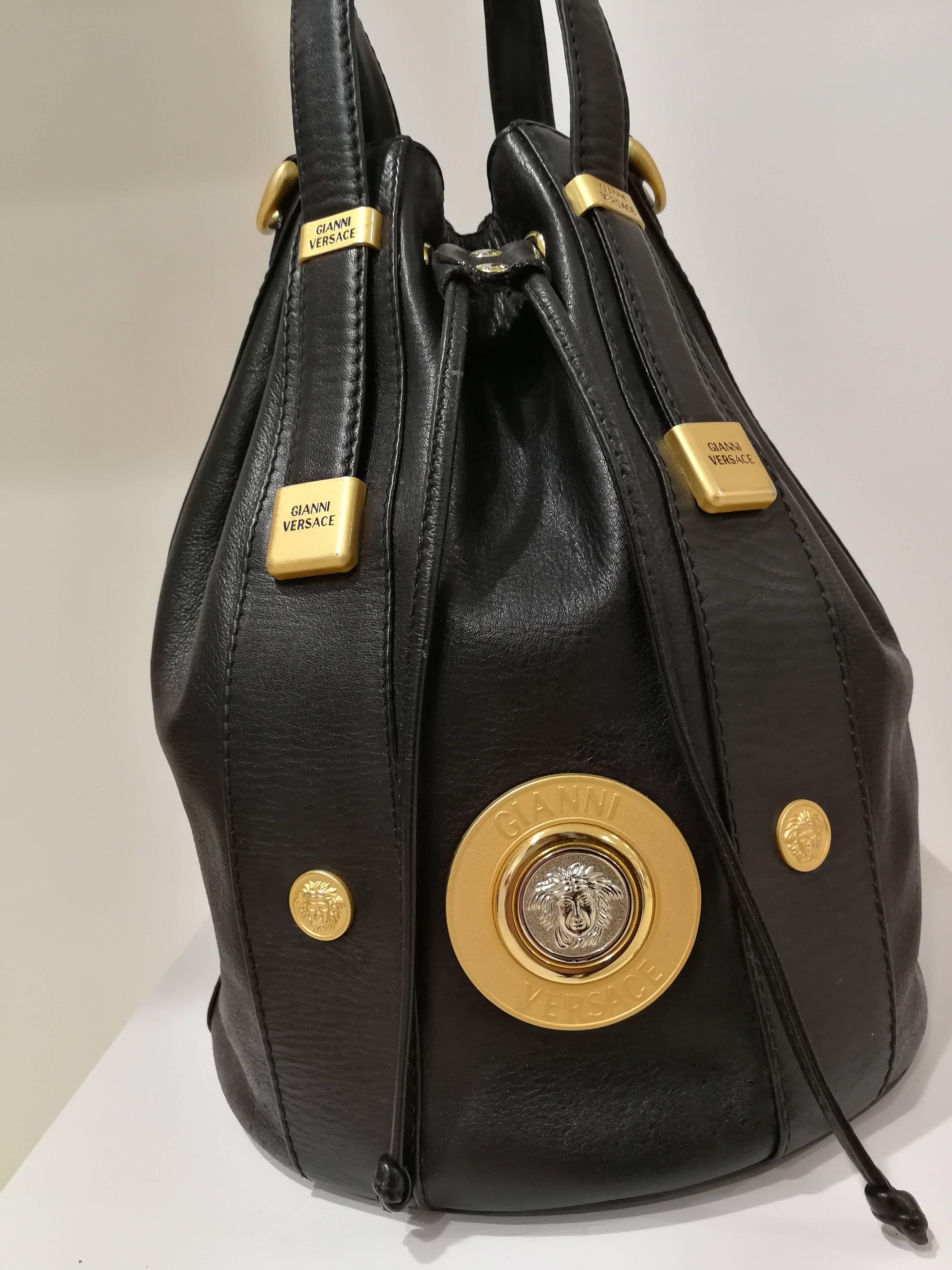 Gianni Versace Black leather Gold and Silver Tone Studs Satchel - Shoulder Bag In Excellent Condition In Capri, IT