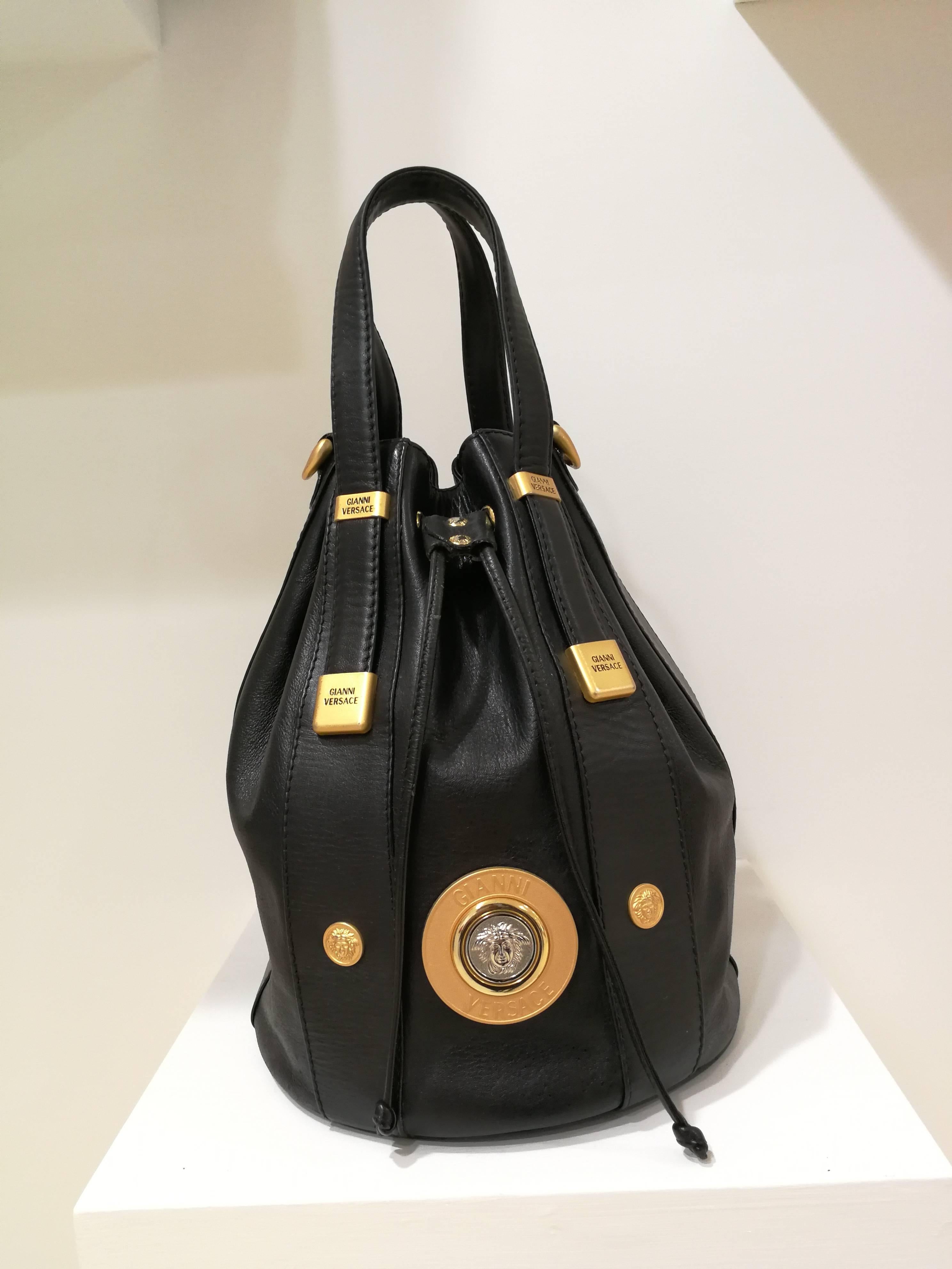 Women's or Men's Gianni Versace Black leather Gold and Silver Tone Studs Satchel - Shoulder Bag