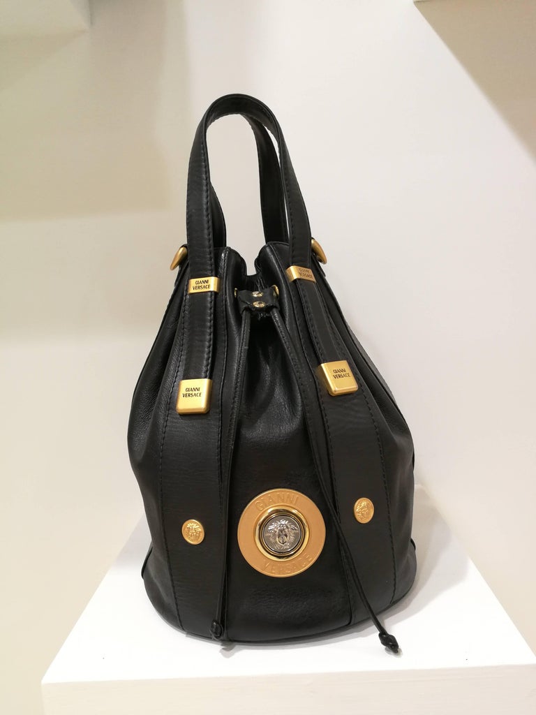 Gianni Versace Black leather Gold and Silver Tone Studs Satchel
