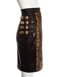 Gianni Versace black leather gold buckled skirt with animal print, fw 1994