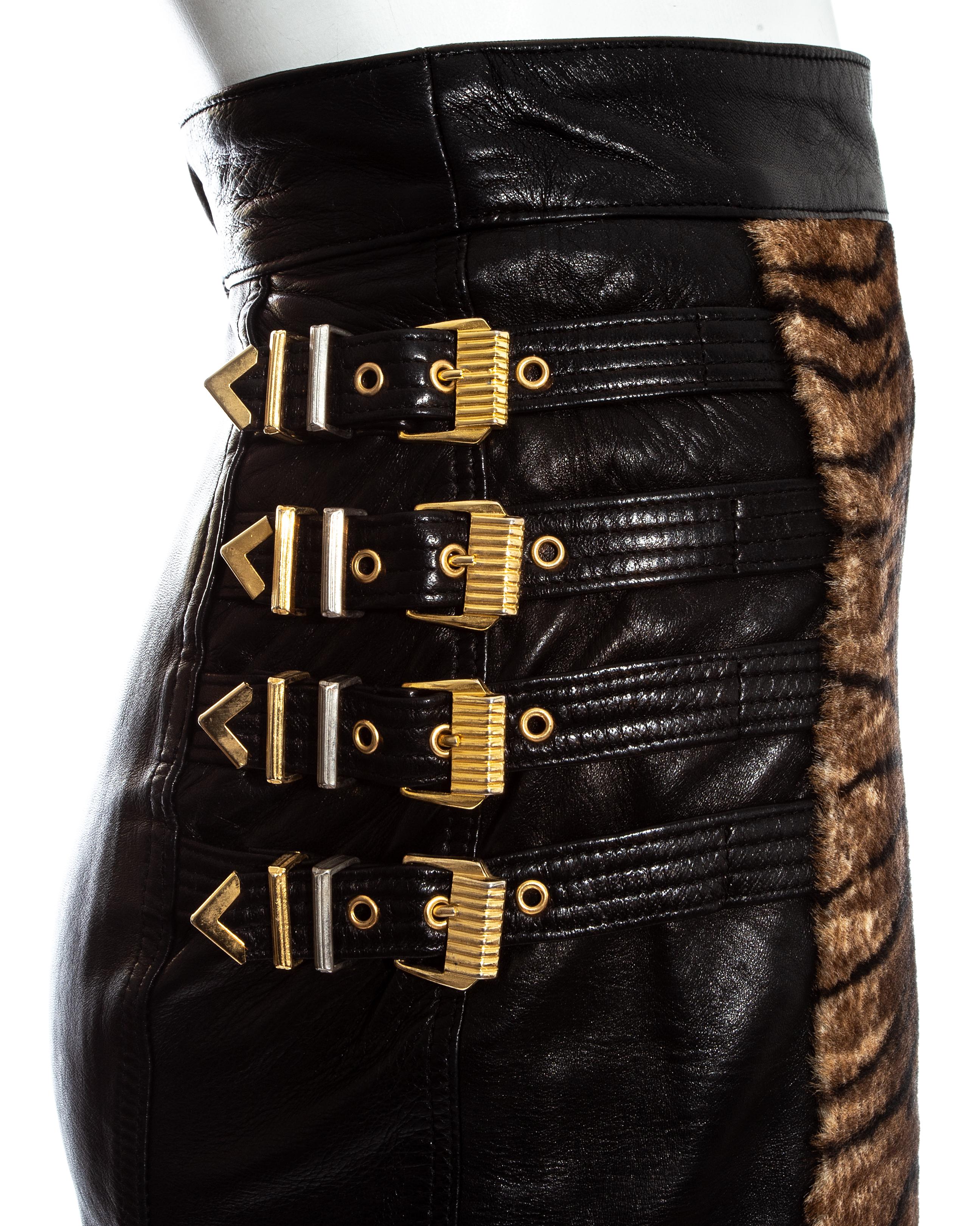 Black Gianni Versace black leather gold buckled skirt with animal print, fw 1994 For Sale