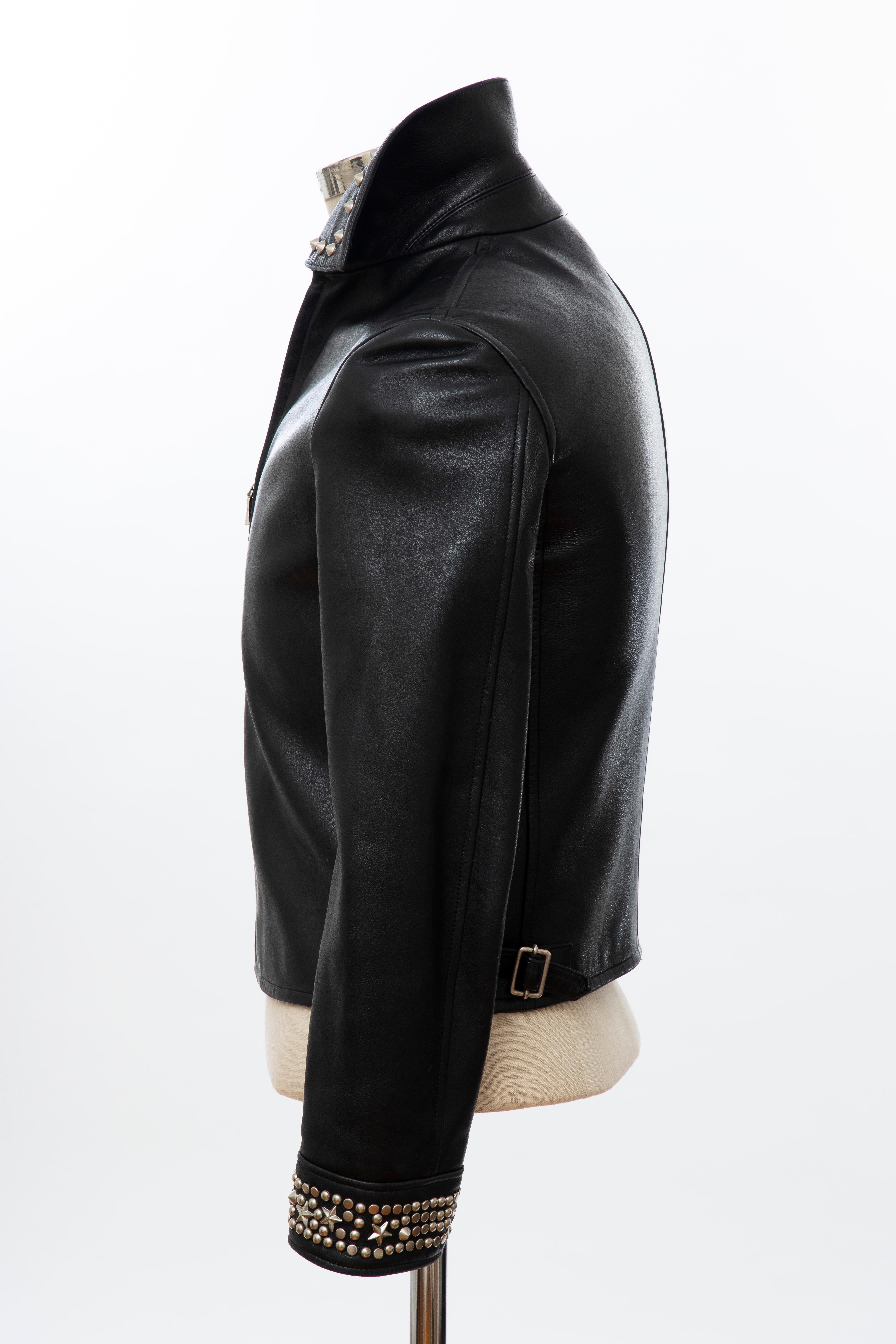 Gianni Versace Black Leather Jacket Pewter Stud Collar & Cuffs,  Circa: 1990's For Sale 4