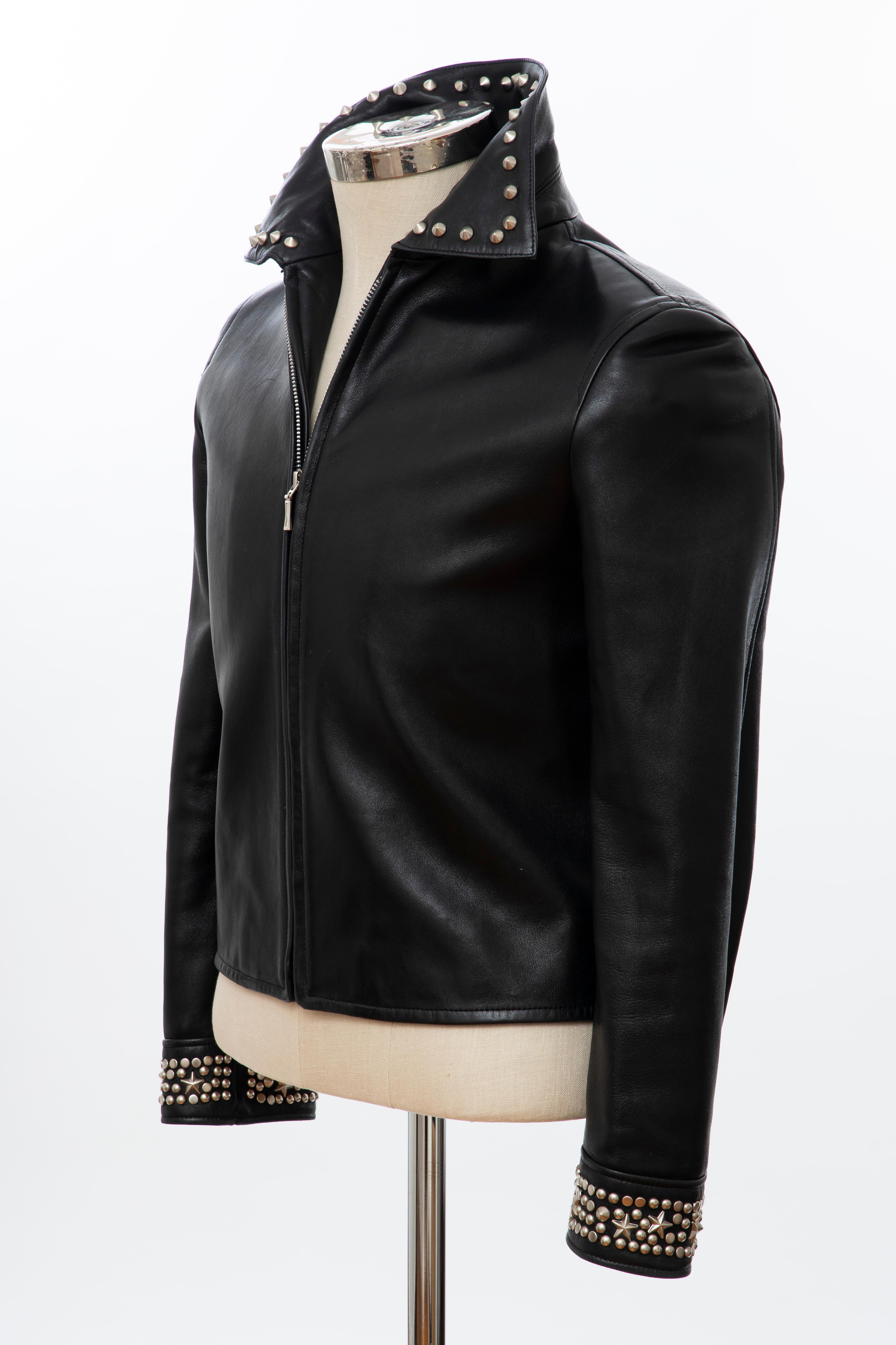 Gianni Versace Black Leather Jacket Pewter Stud Collar & Cuffs,  Circa: 1990's For Sale 5