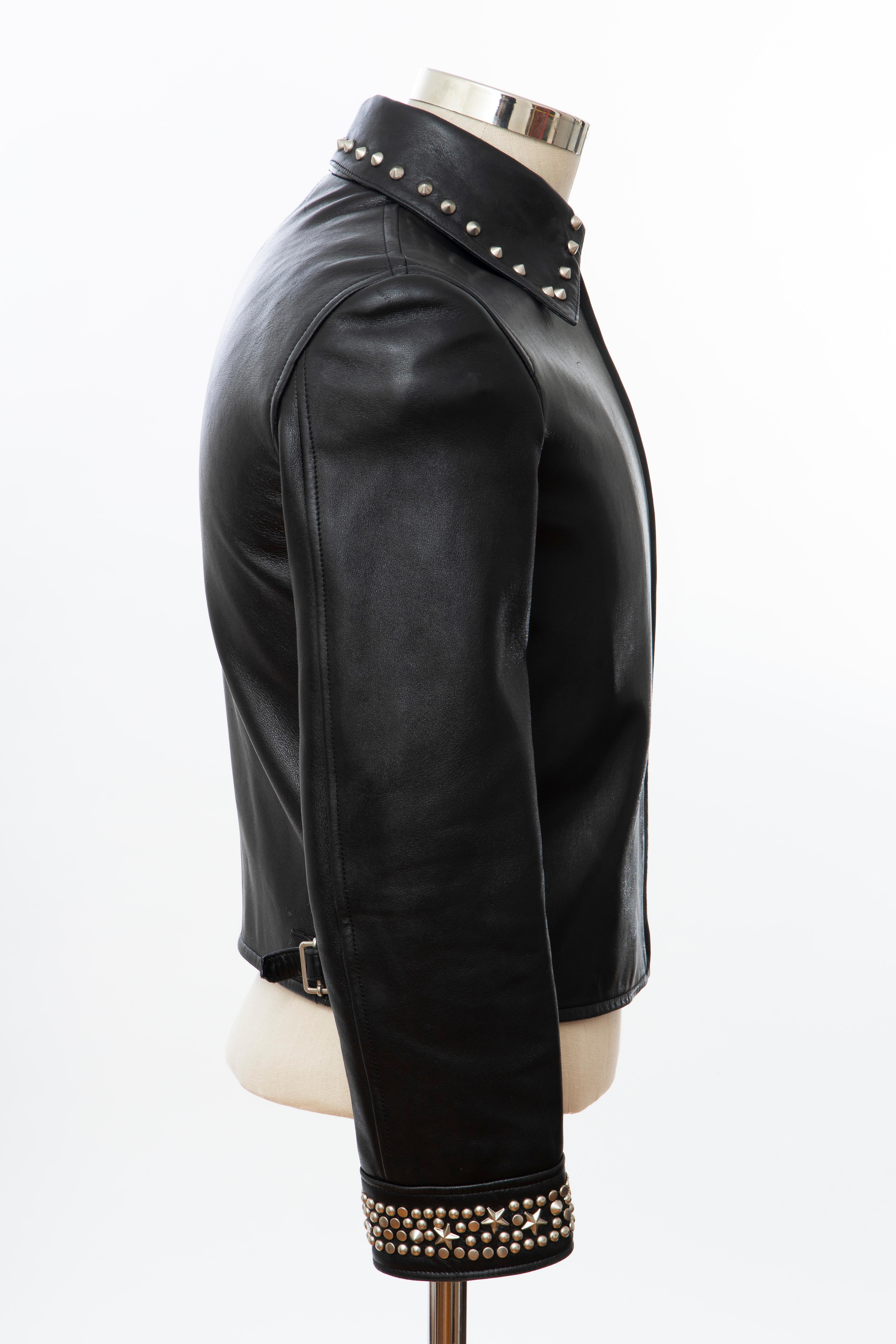 Gianni Versace Black Leather Jacket Pewter Stud Collar & Cuffs,  Circa: 1990's For Sale 6