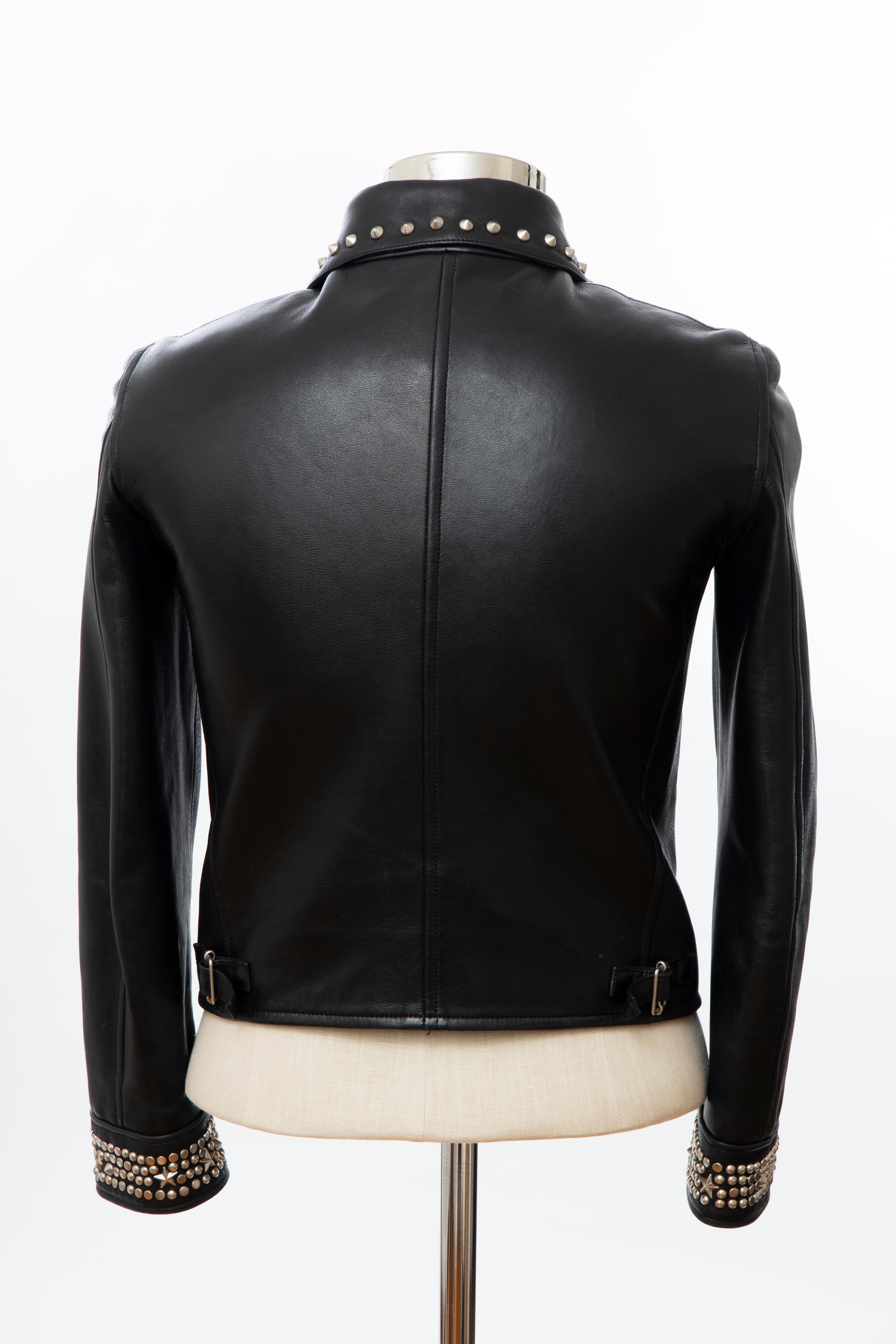 Gianni Versace Black Leather Jacket Pewter Stud Collar & Cuffs,  Circa: 1990's For Sale 7