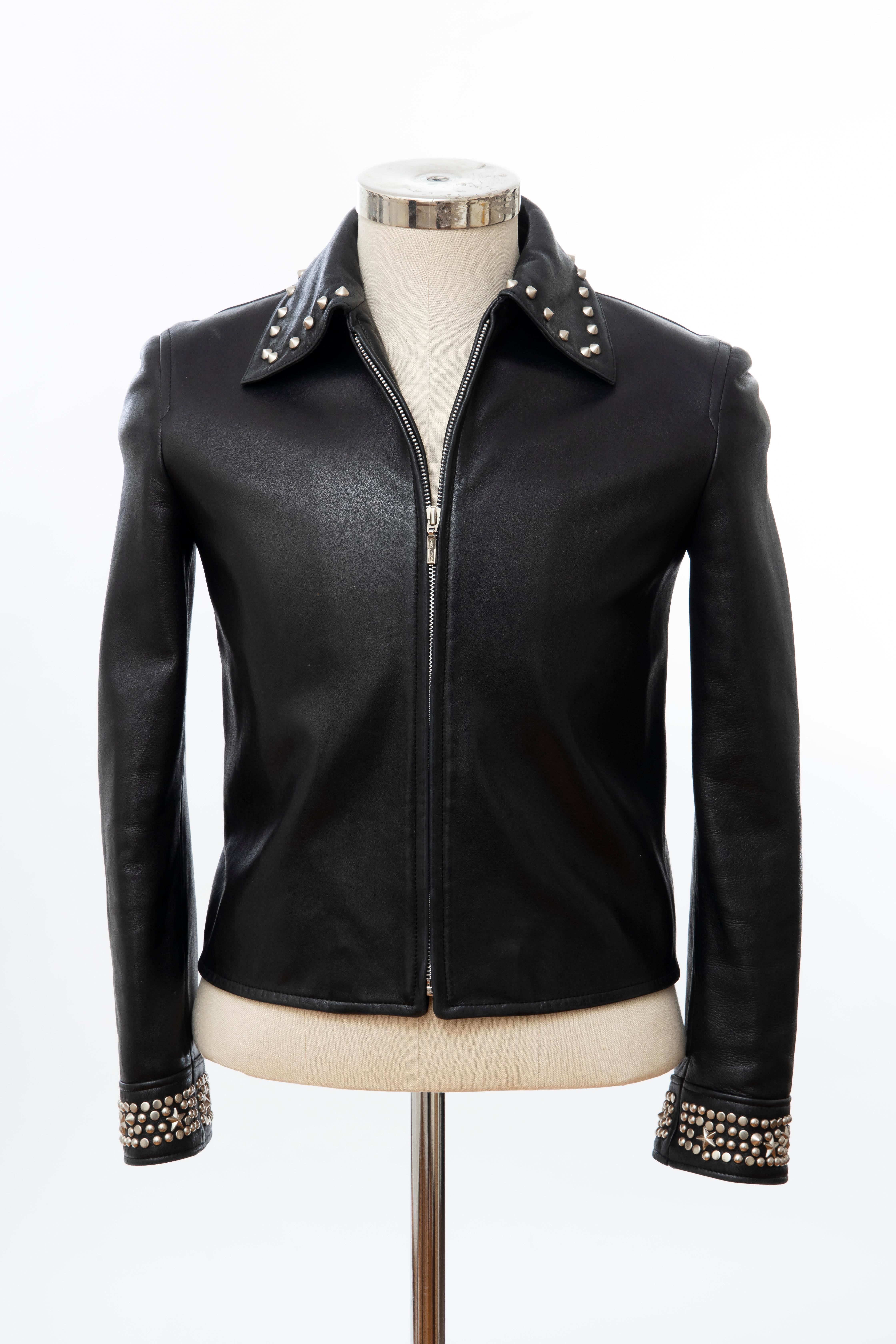 Gianni Versace Black Leather Jacket Pewter Stud Collar & Cuffs,  Circa: 1990's For Sale 8
