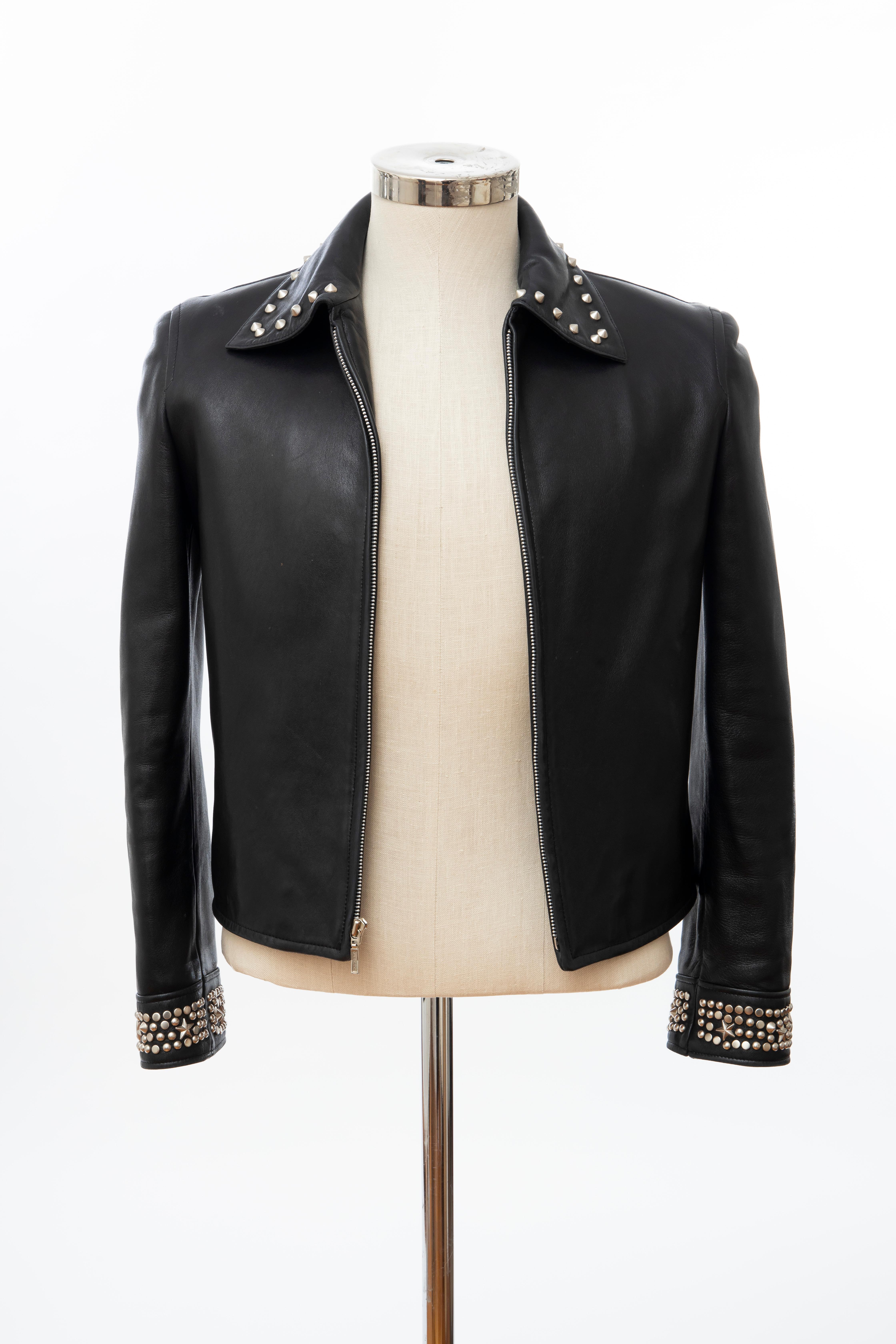 Gianni Versace Black Leather Jacket Pewter Stud Collar & Cuffs,  Circa: 1990's For Sale 9