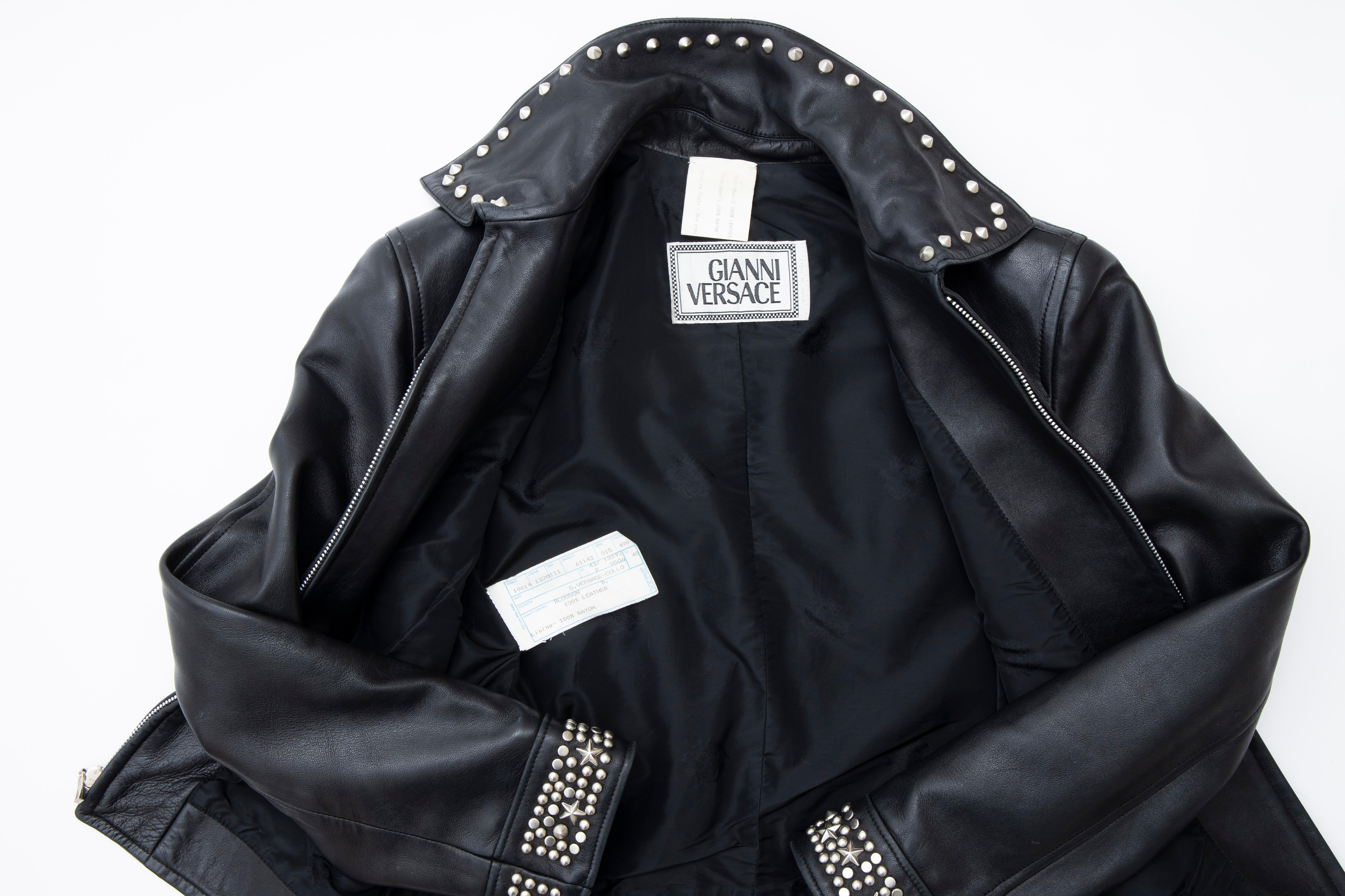 Gianni Versace Black Leather Jacket Pewter Stud Collar & Cuffs,  Circa: 1990's For Sale 10