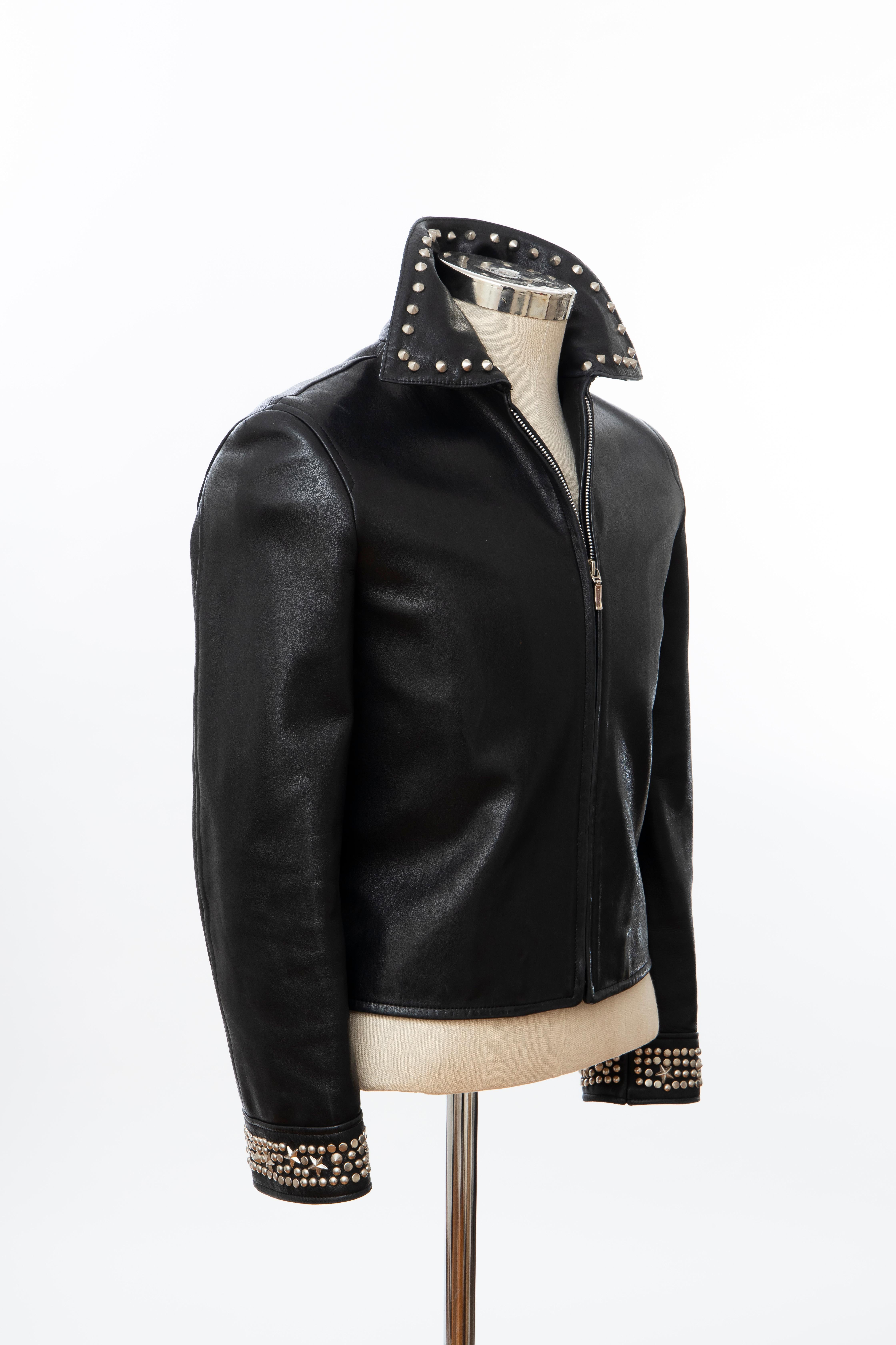 Gianni Versace Black Leather Jacket Pewter Stud Collar and Cuffs 