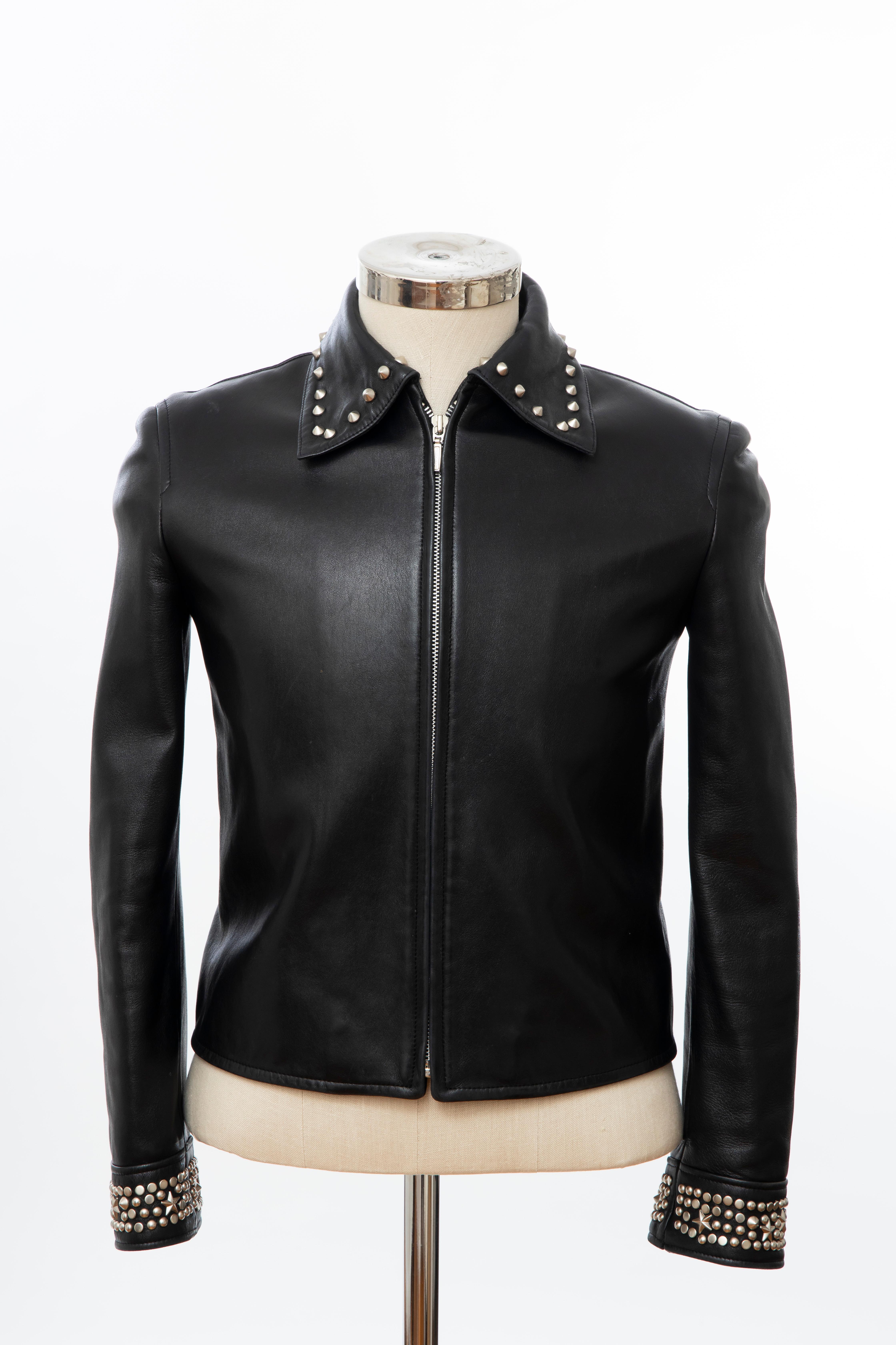 Gianni Versace Black Leather Jacket Pewter Stud Collar & Cuffs,  Circa: 1990's In Excellent Condition For Sale In Cincinnati, OH