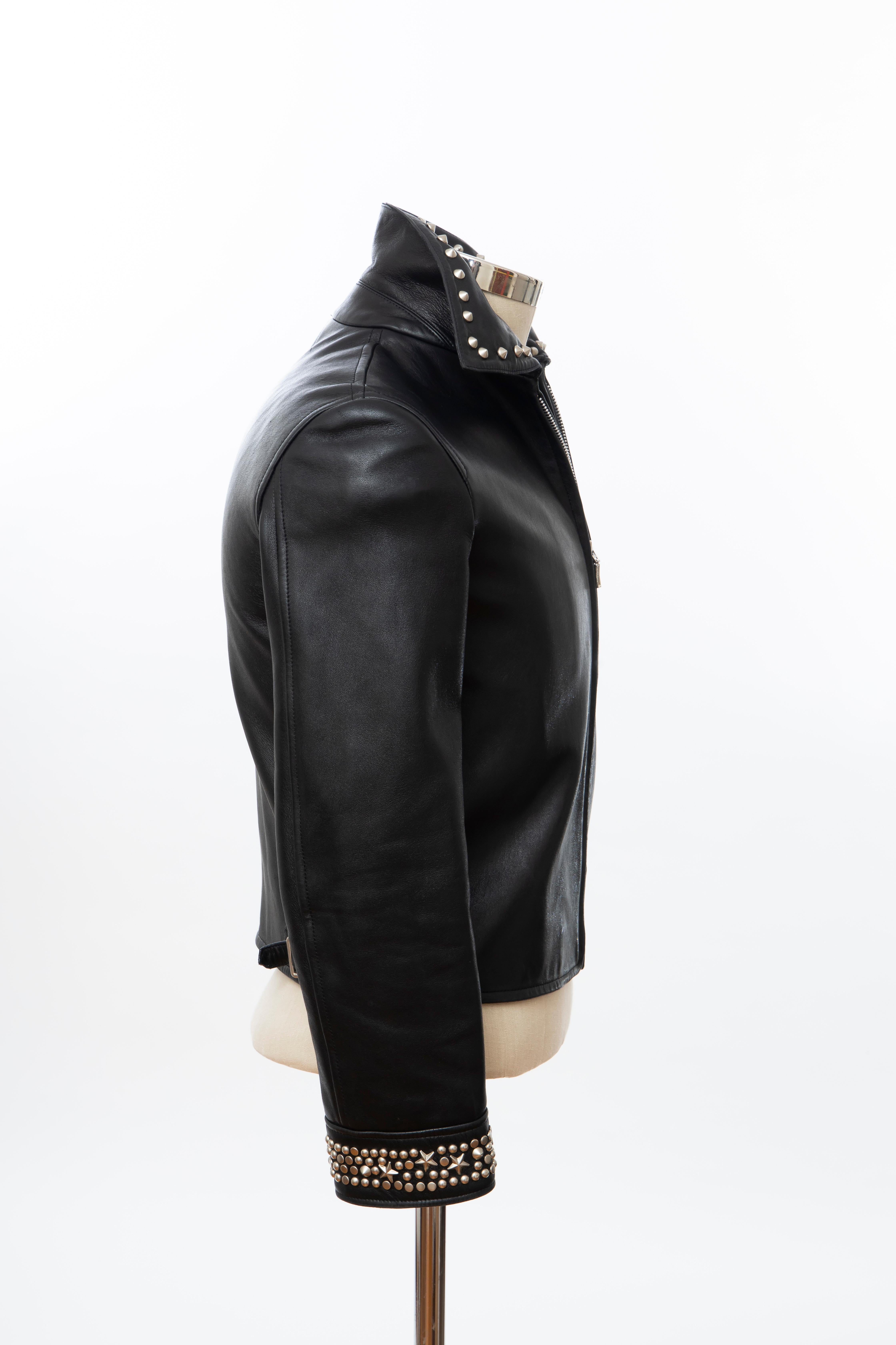Women's Gianni Versace Black Leather Jacket Pewter Stud Collar & Cuffs,  Circa: 1990's For Sale