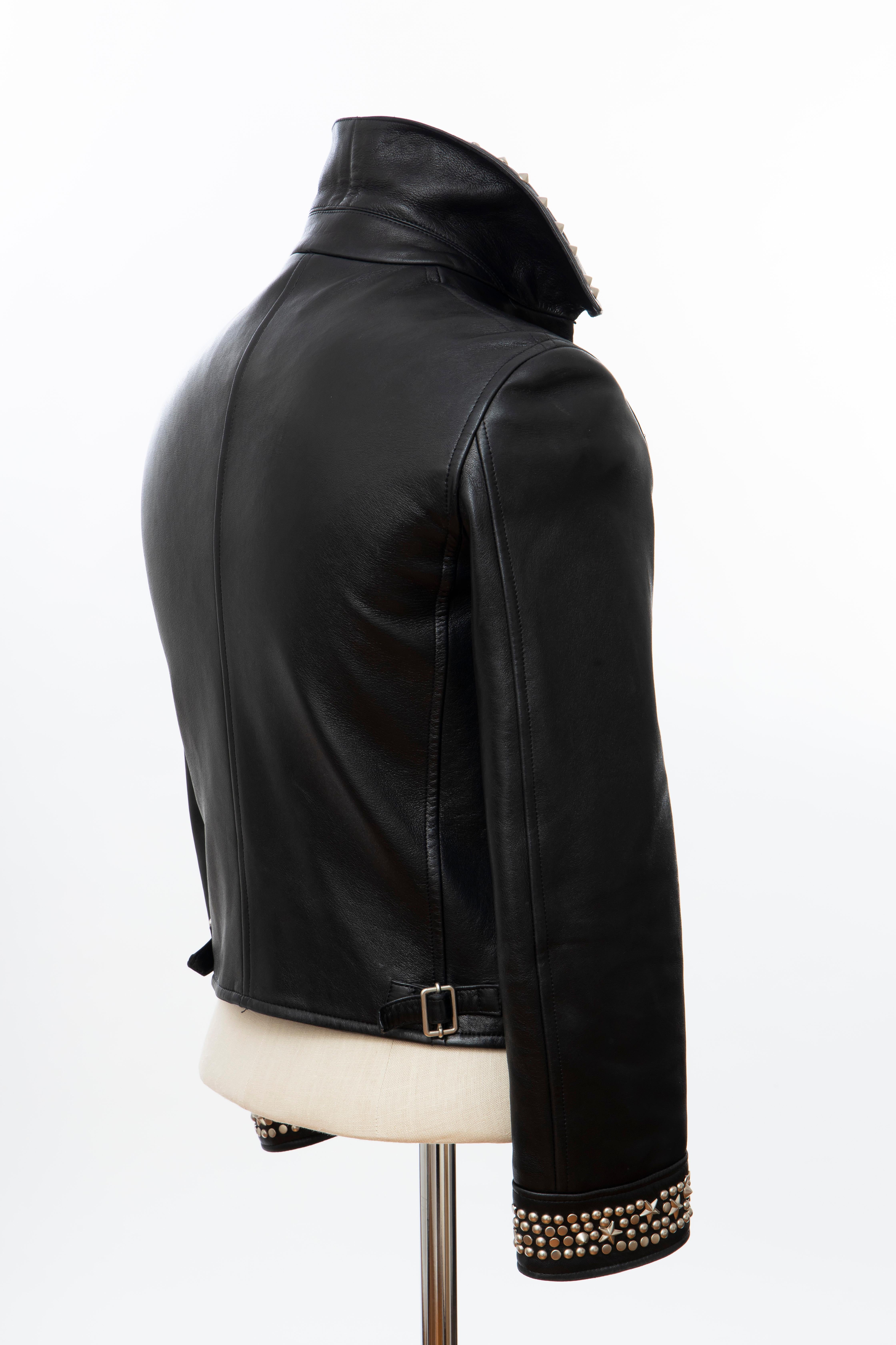 Gianni Versace Black Leather Jacket Pewter Stud Collar & Cuffs,  Circa: 1990's For Sale 1