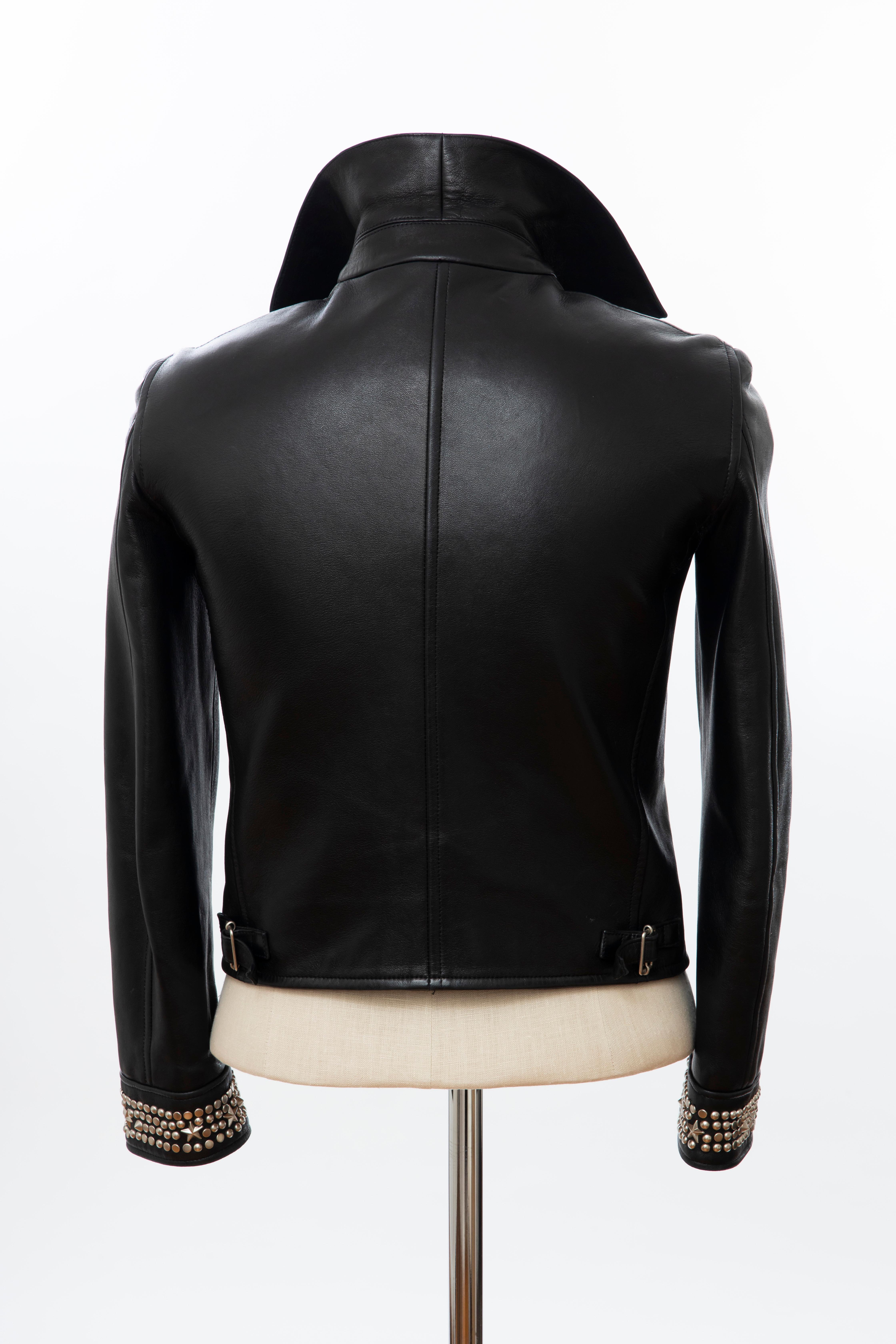 Gianni Versace Black Leather Jacket Pewter Stud Collar & Cuffs,  Circa: 1990's For Sale 2