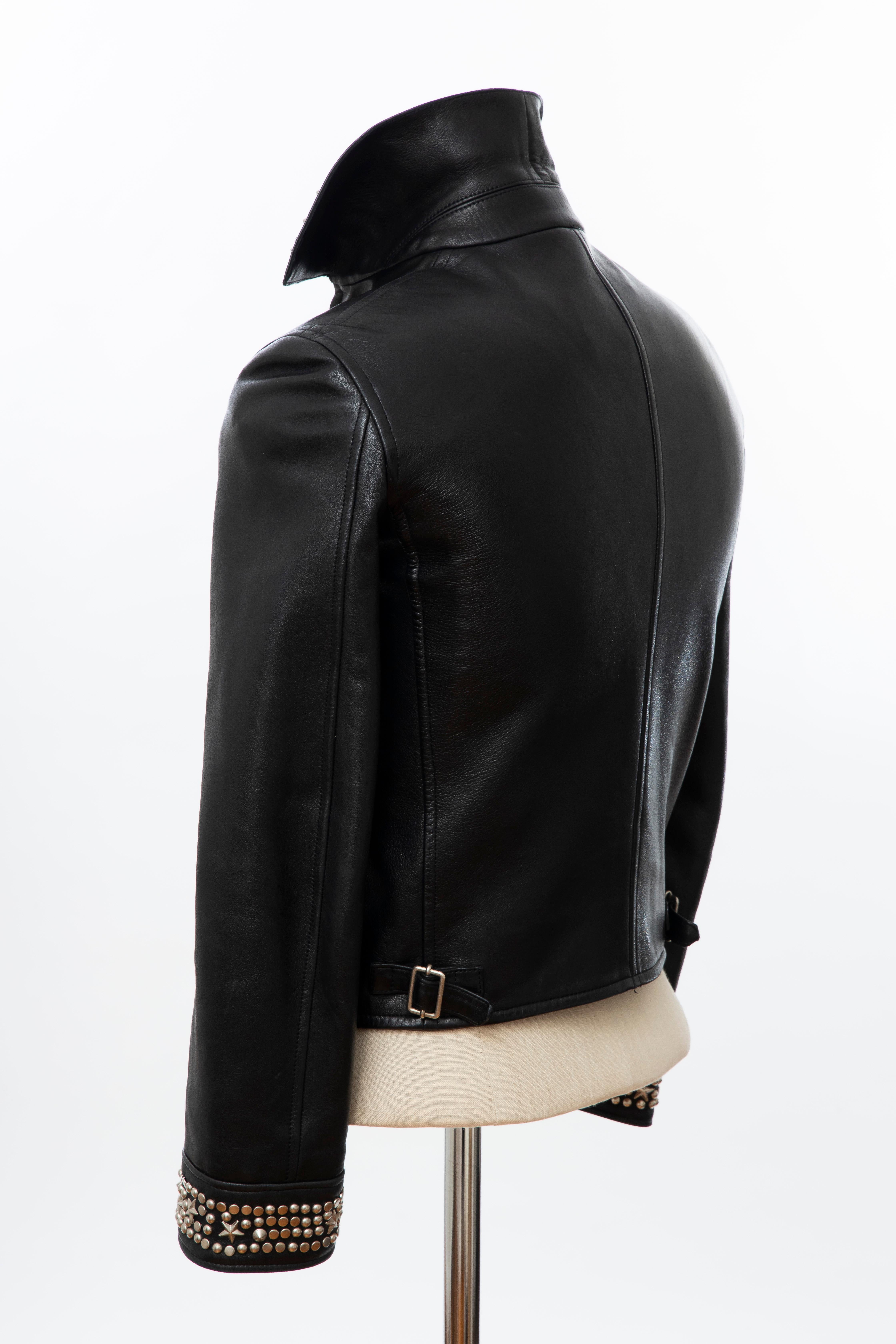 Gianni Versace Black Leather Jacket Pewter Stud Collar & Cuffs,  Circa: 1990's For Sale 3