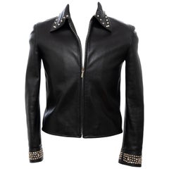 Vintage Gianni Versace Black Leather Jacket Pewter Stud Collar & Cuffs,  Circa: 1990's