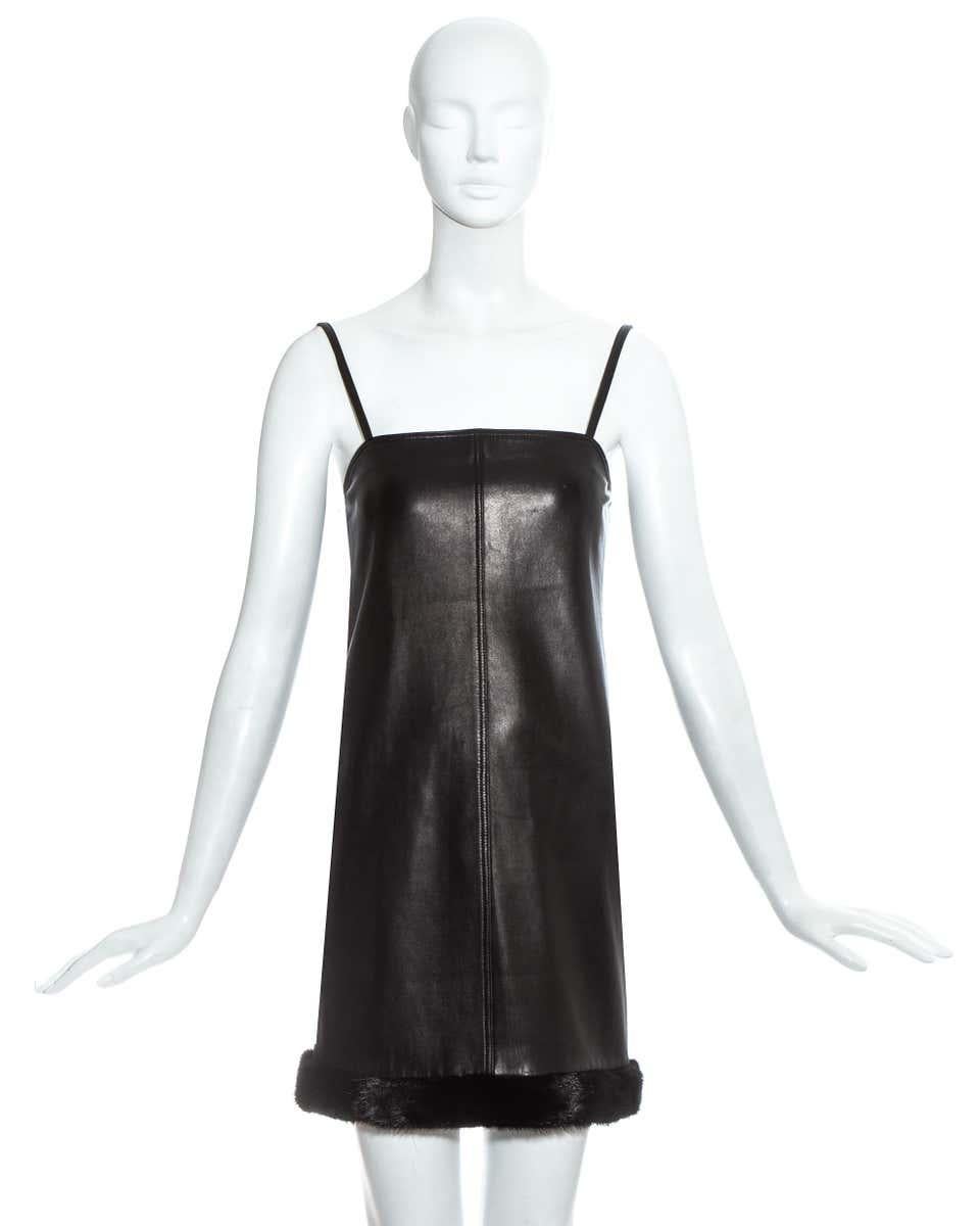 Gianni Versace black lambskin leather mini dress with spaghetti straps and mink fur trim.  

Fall-Winter 1997