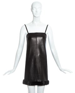 Gianni Versace black leather mini dress with mink fur trim, fw 1997