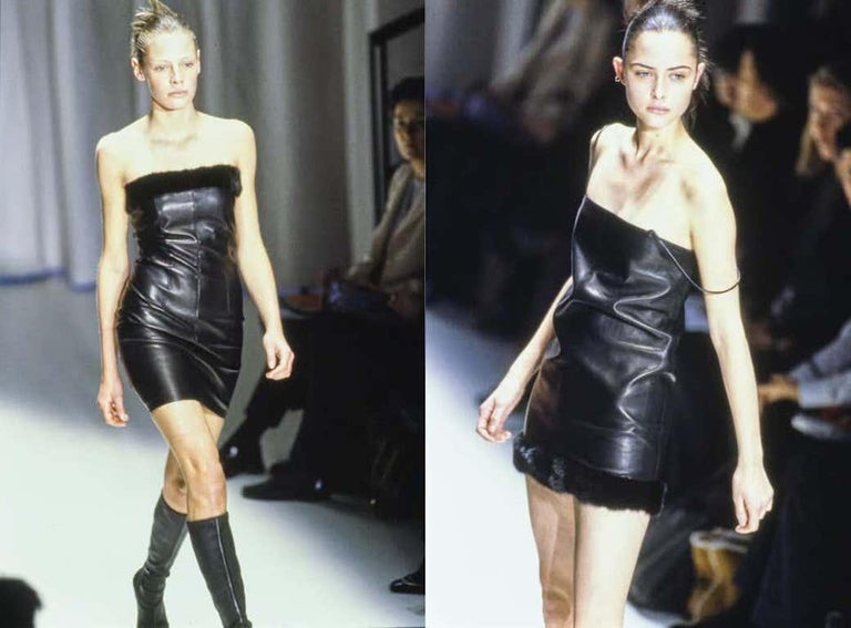 Gianni Versace black leather mini dress with mink fur trim, fw 1997 For