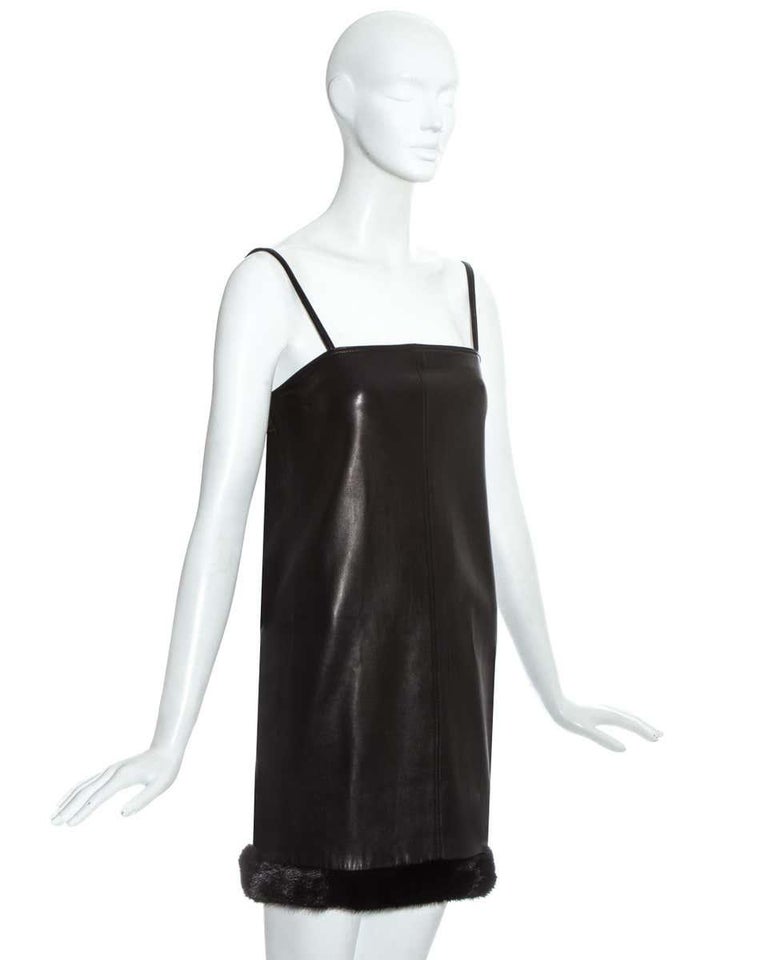 Gianni Versace black leather mini dress with mink fur trim, fw 1997 For