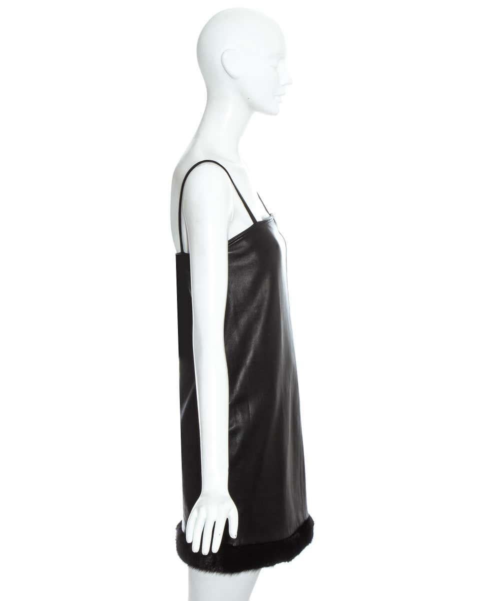 Black Gianni Versace black leather mini dress with mink fur trim, fw 1997