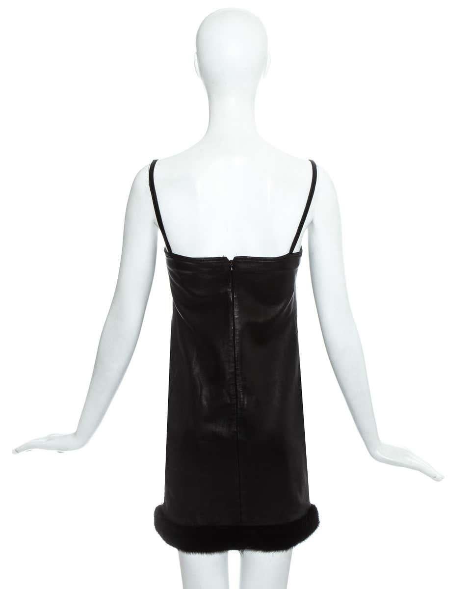 Gianni Versace black leather mini dress with mink fur trim, fw 1997 In Excellent Condition In London, GB