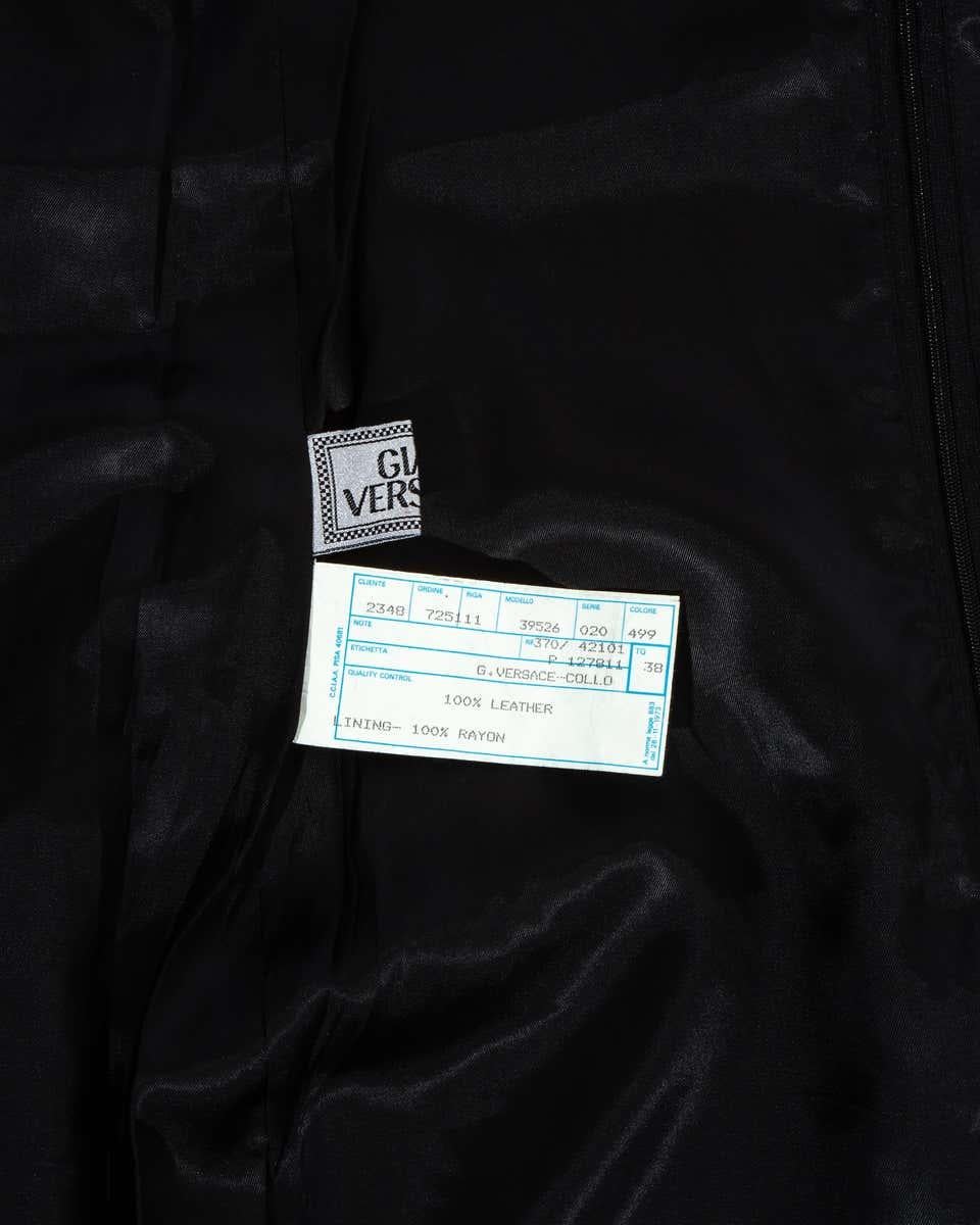 Women's Gianni Versace black leather mini dress with mink fur trim, fw 1997