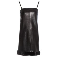 Vintage Gianni Versace black leather mini dress with mink fur trim, fw 1997