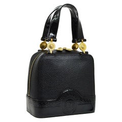 Gianni Versace Black Leather Patent Gold Top Handle Satchel Small Mini Party Bag