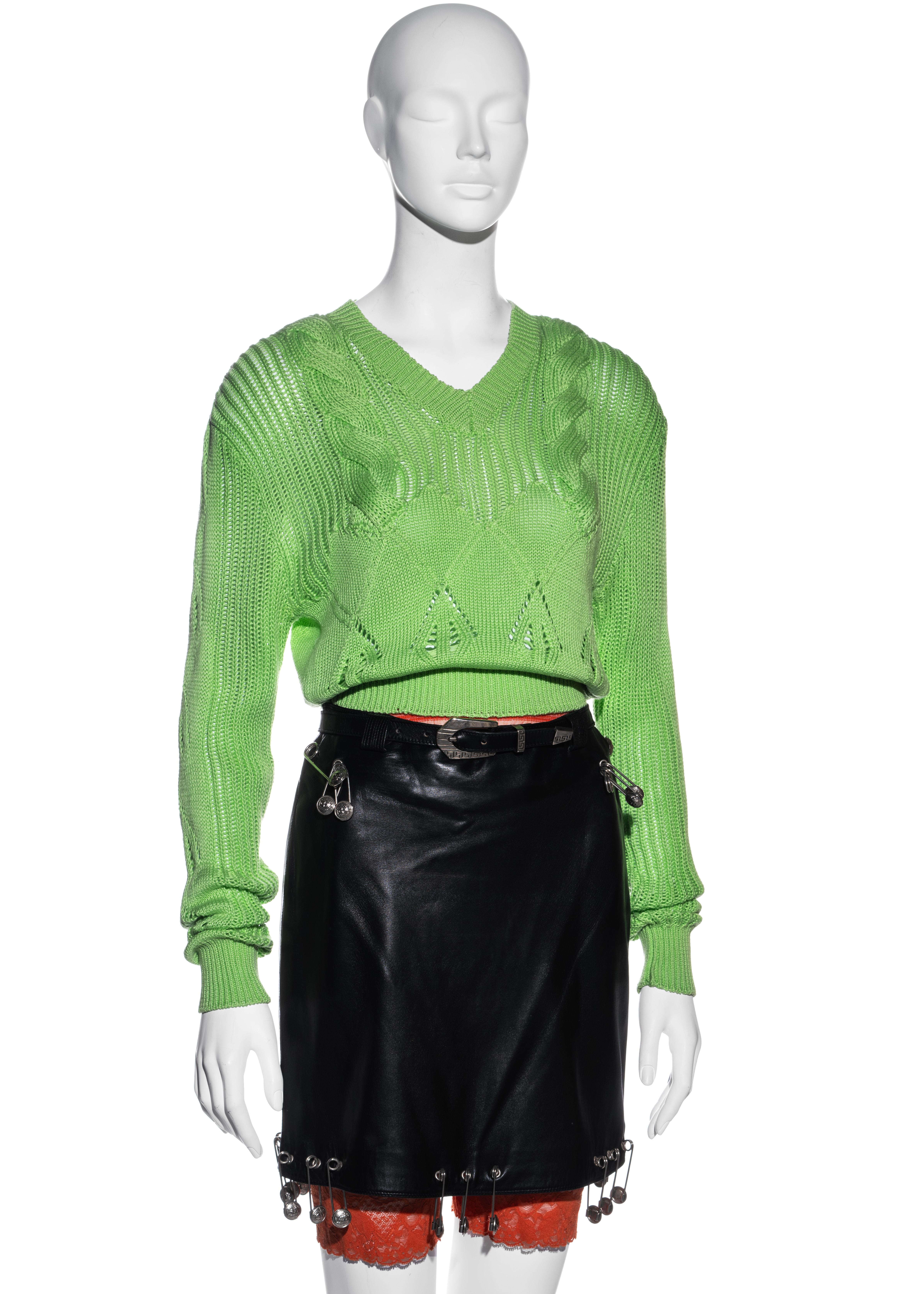 Green Gianni Versace black leather safety pin skirt and sweater ensemble, ss 1994 For Sale