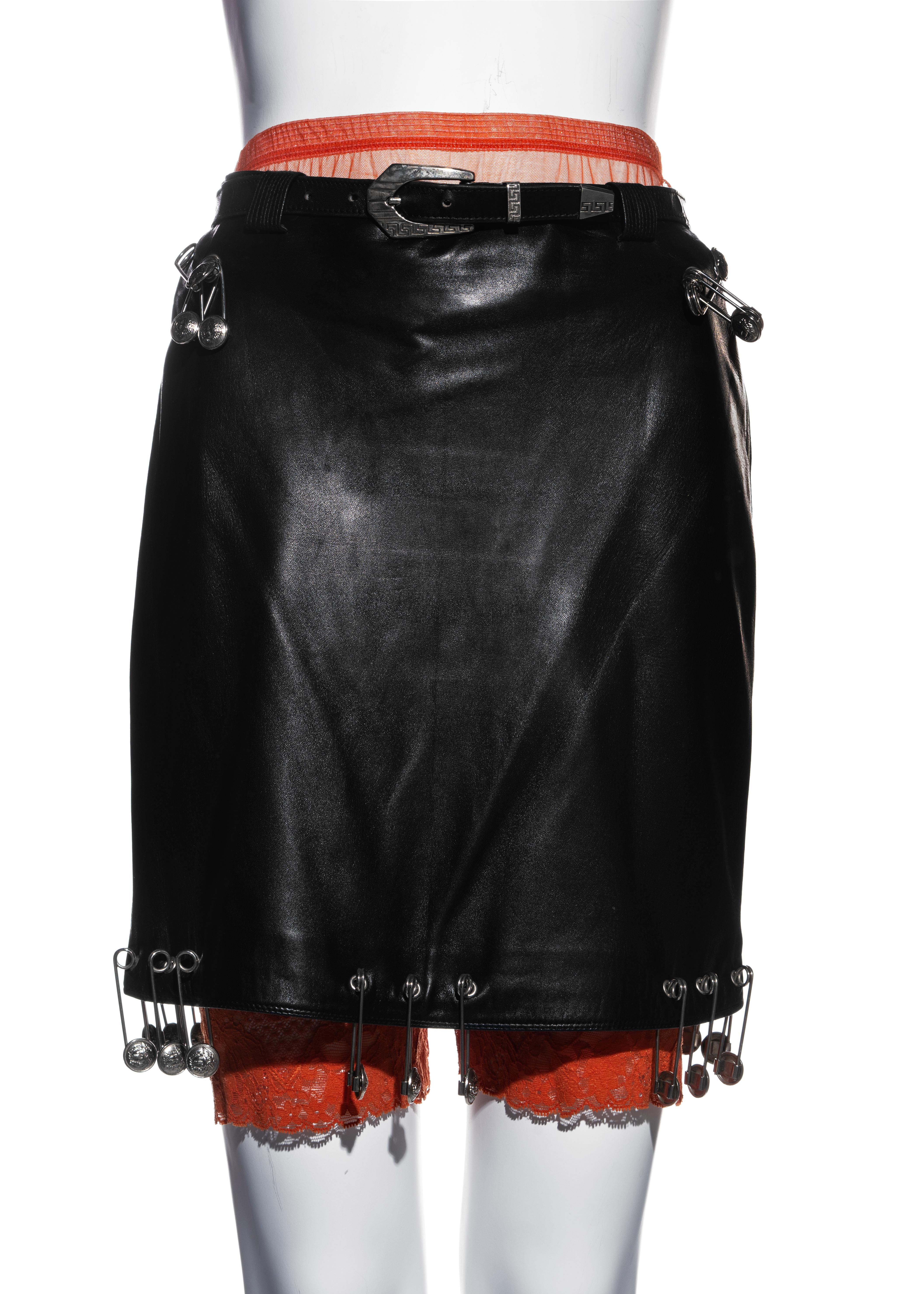 Women's Gianni Versace black leather safety pin skirt and sweater ensemble, ss 1994 For Sale