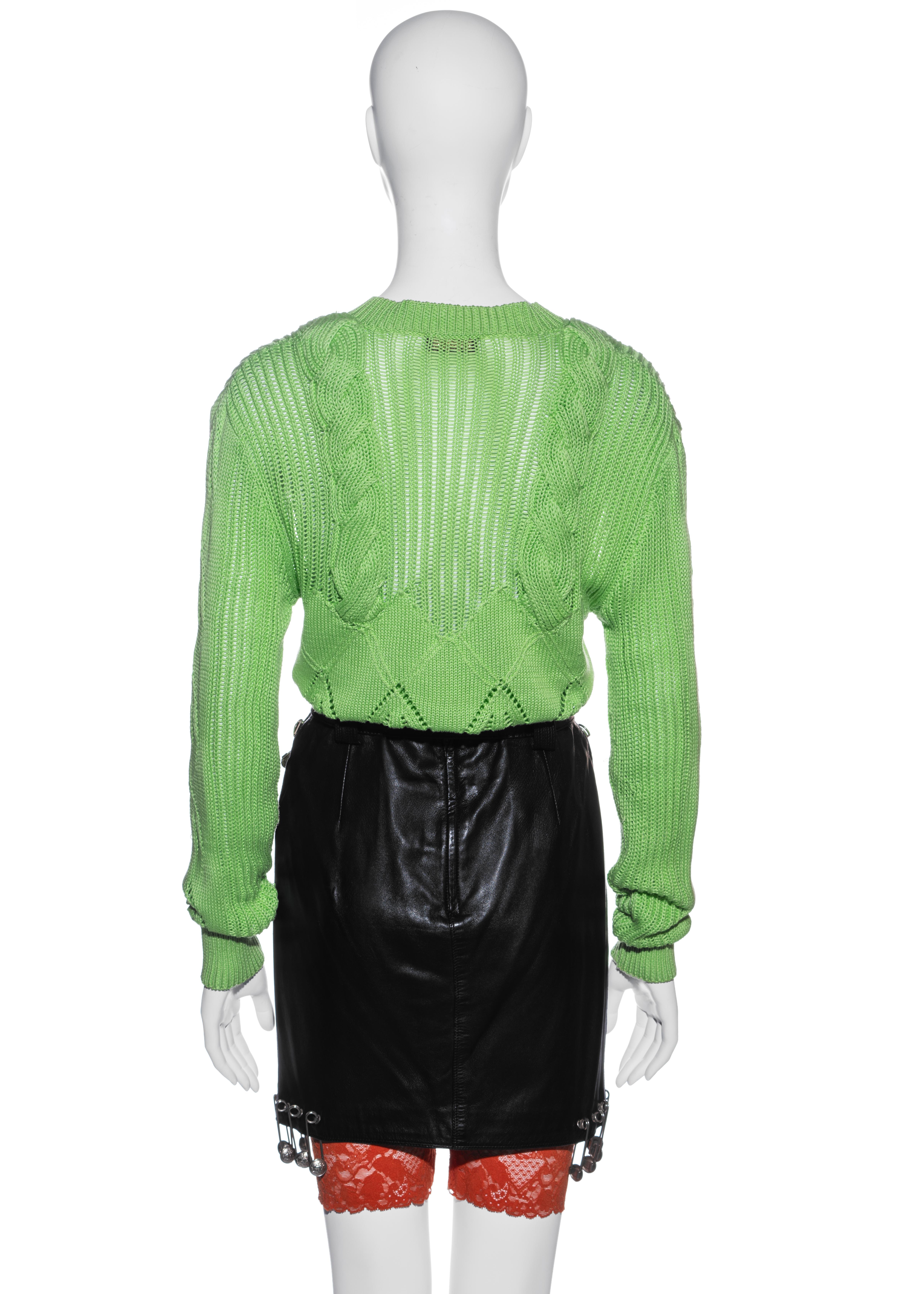 Gianni Versace black leather safety pin skirt and sweater ensemble, ss 1994 For Sale 1