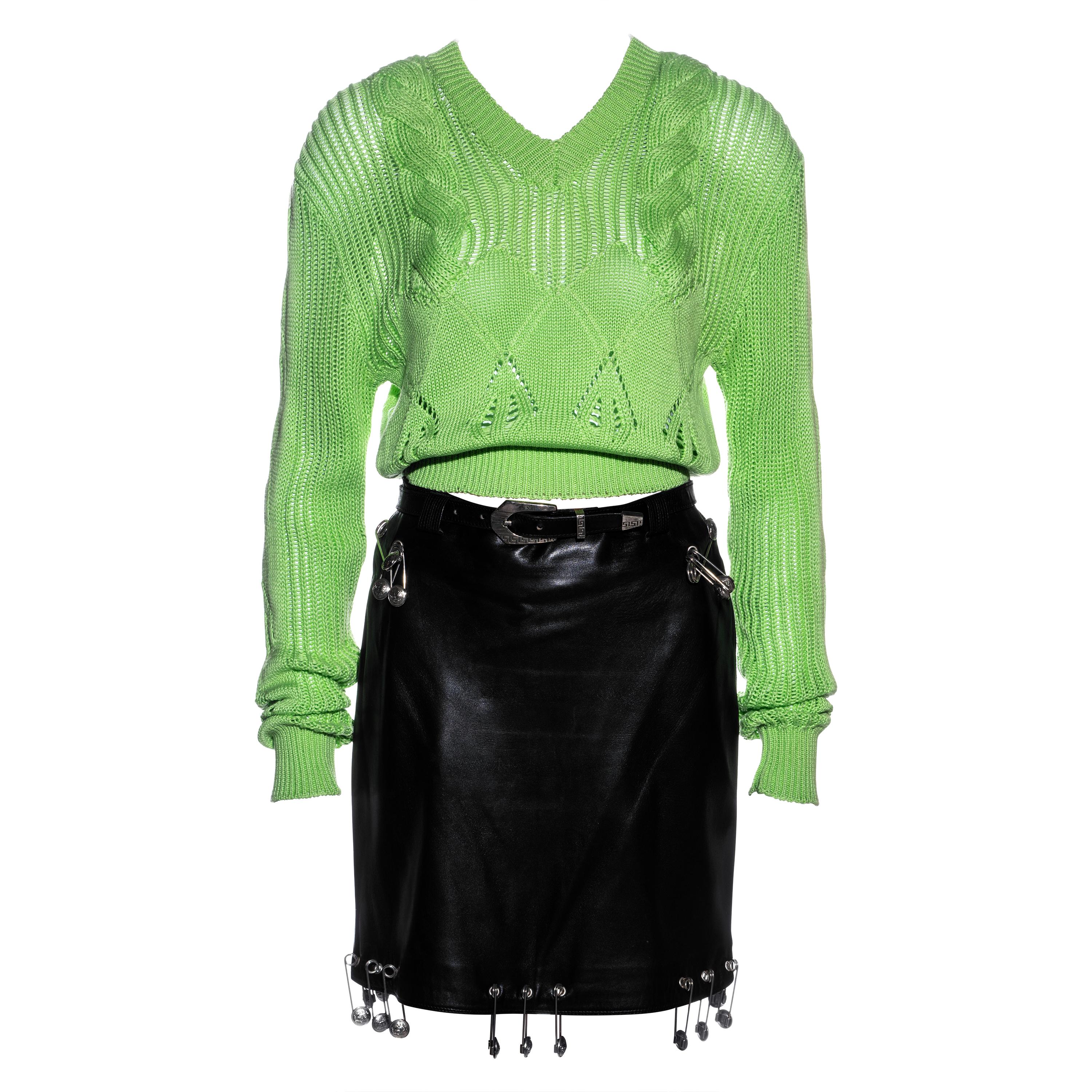 Gianni Versace black leather safety pin skirt and sweater ensemble, ss 1994 For Sale