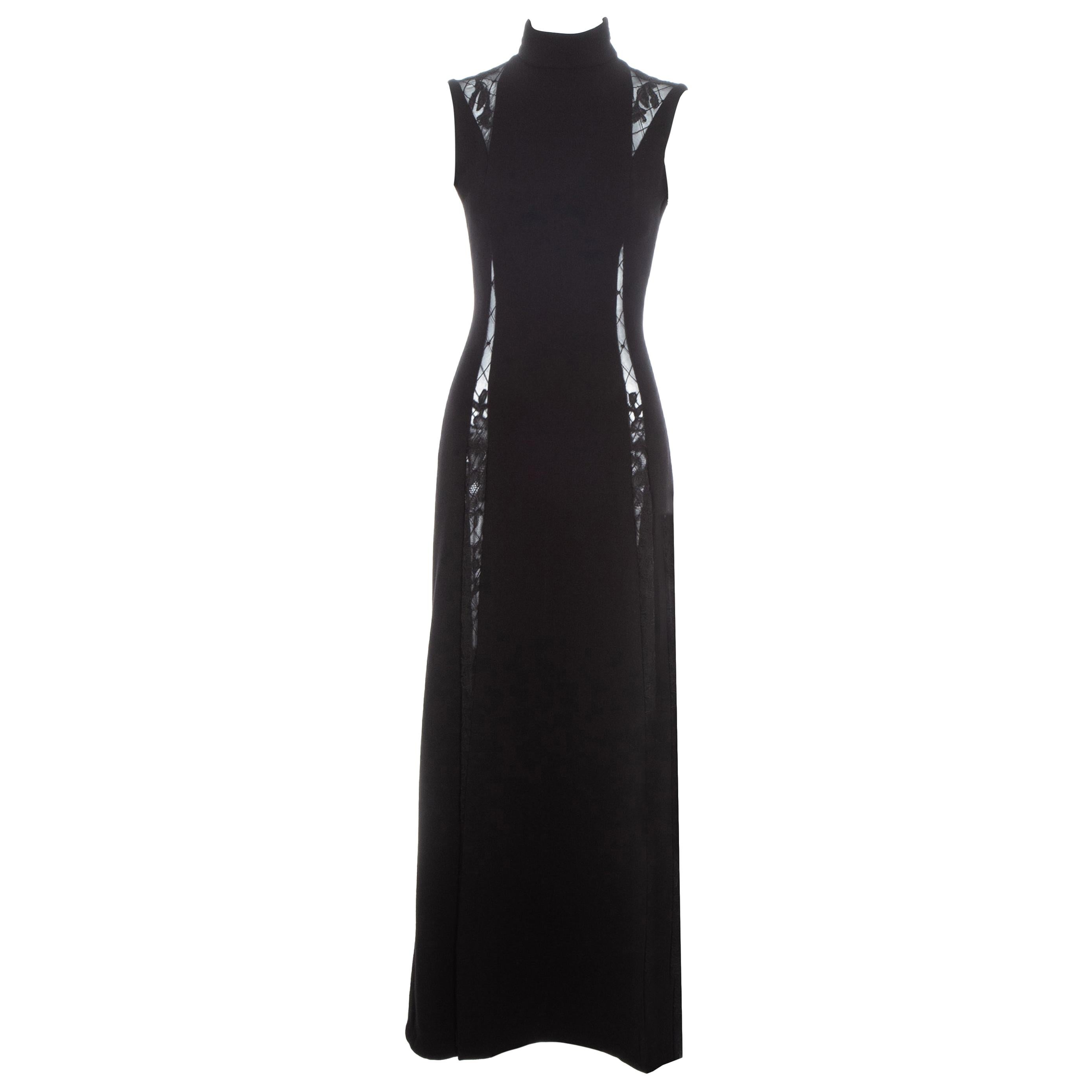 Gianni Versace black maxi dress with lace cut outs, fw 1993 For Sale