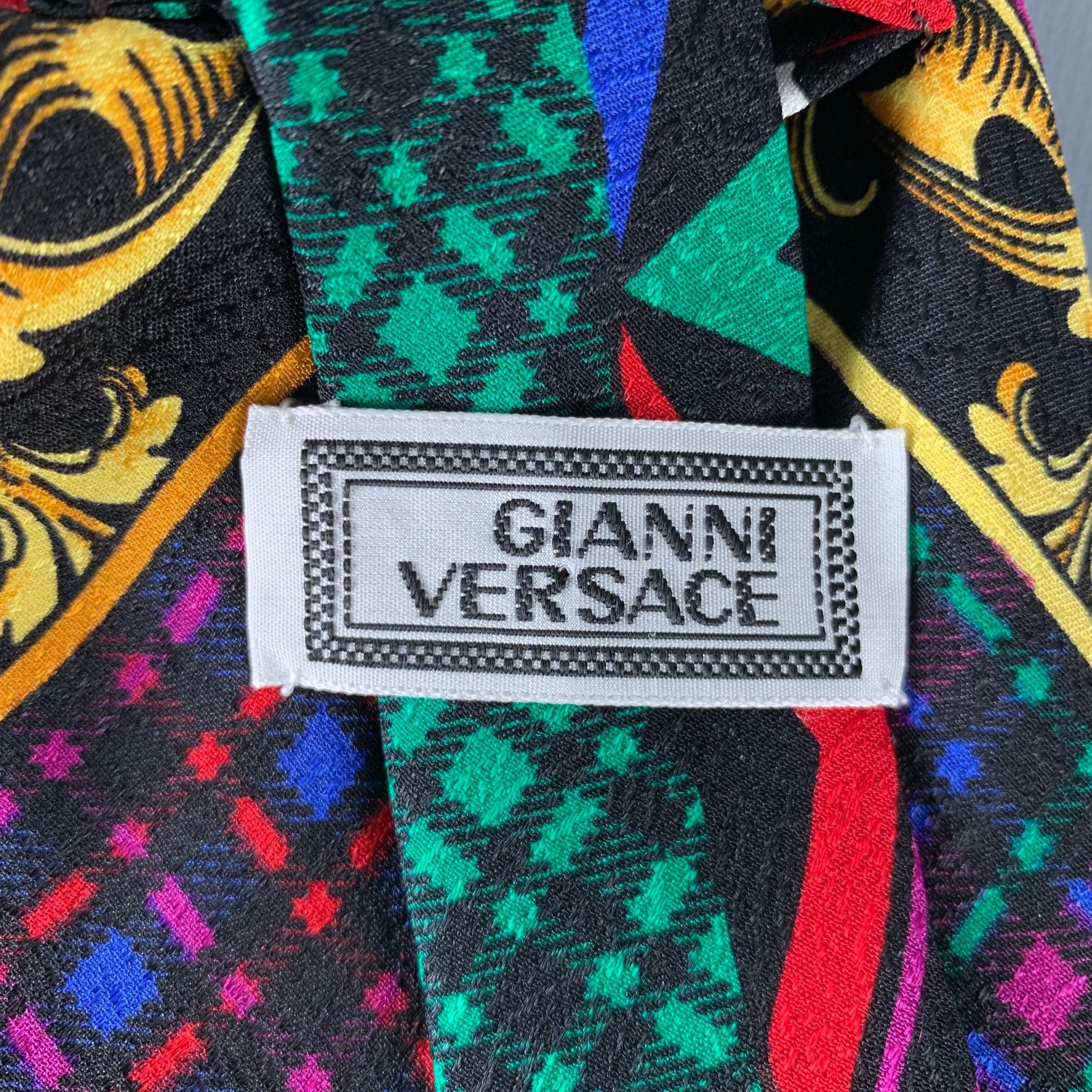 GIANNI VERSACE Black Multi Color Diamond Silk Tie In Good Condition For Sale In San Francisco, CA