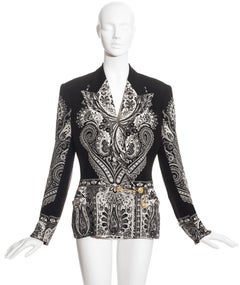 Gianni Versace black paisley printed silk safety-pin jacket, ss 1994