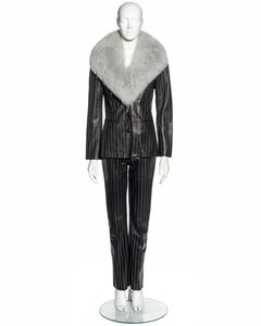 Gianni Versace black pinstripe leather and fox fur trouser suit, fw 1998