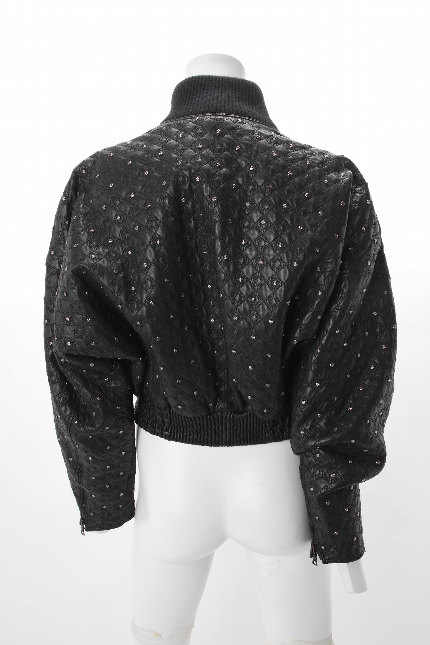 Gianni Versace Black Quilted Leather Bomber Jacket with studs, c.1990s. In Good Condition In New York, NY