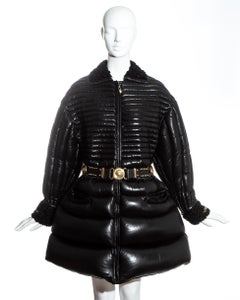 Gianni Versace black quilted down leather dress coat and belt, fw 1992