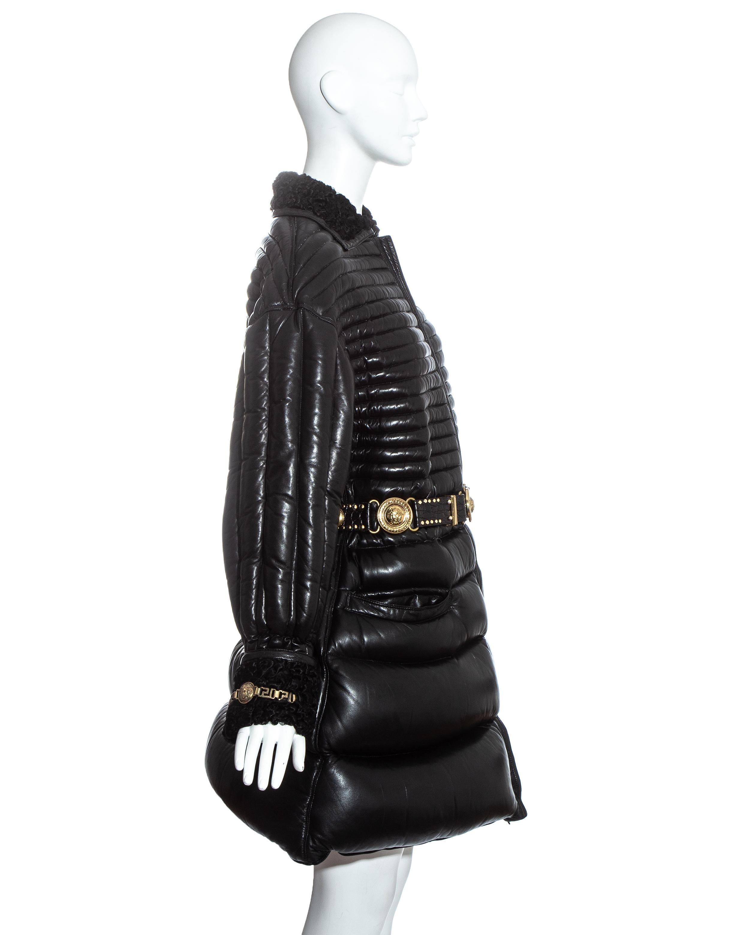 Black Gianni Versace black quilted down leather dress coat and belt, fw 1992 For Sale
