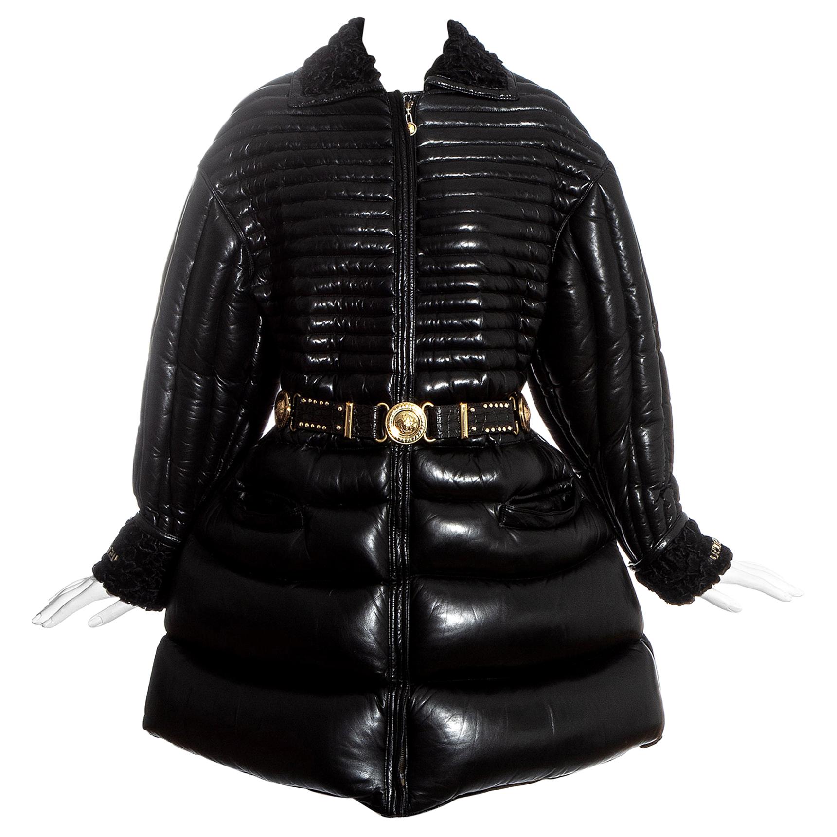 Gianni Versace black quilted down leather dress coat and belt, fw 1992 For Sale
