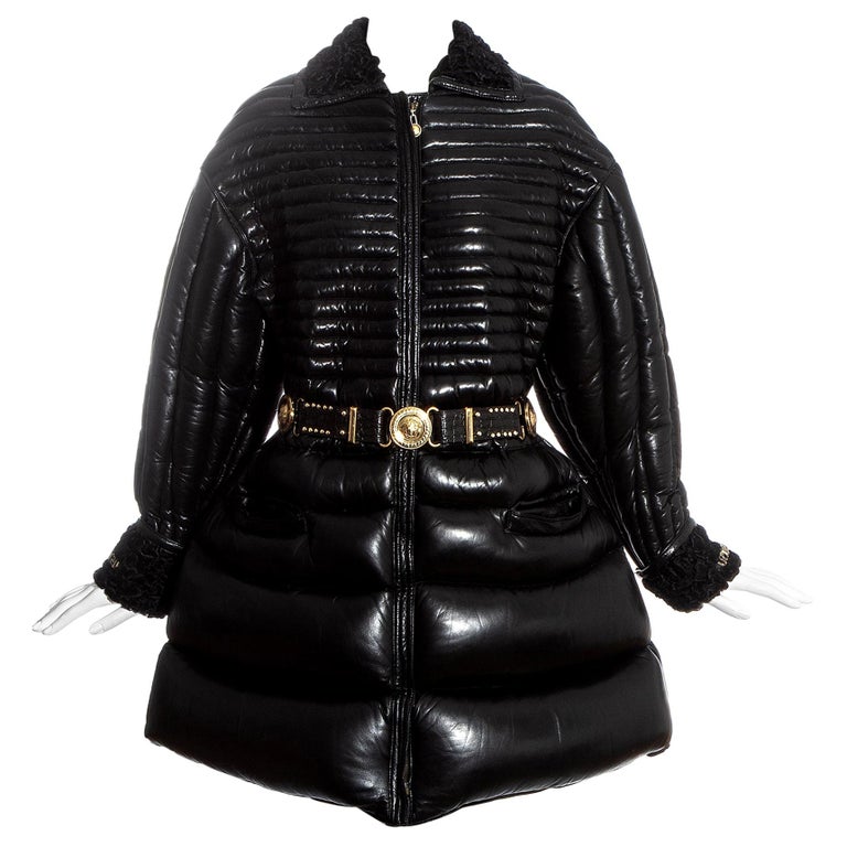 Gianni Versace black quilted down leather dress coat and belt, fw